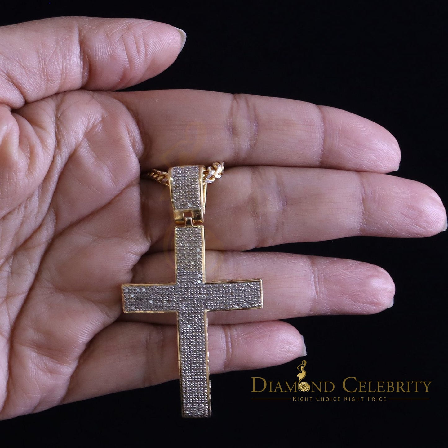DiamondCelebritees Real 0.85ct Diamond 925 Sterling Silver CROSS Charm Necklace Pendant in Yellow