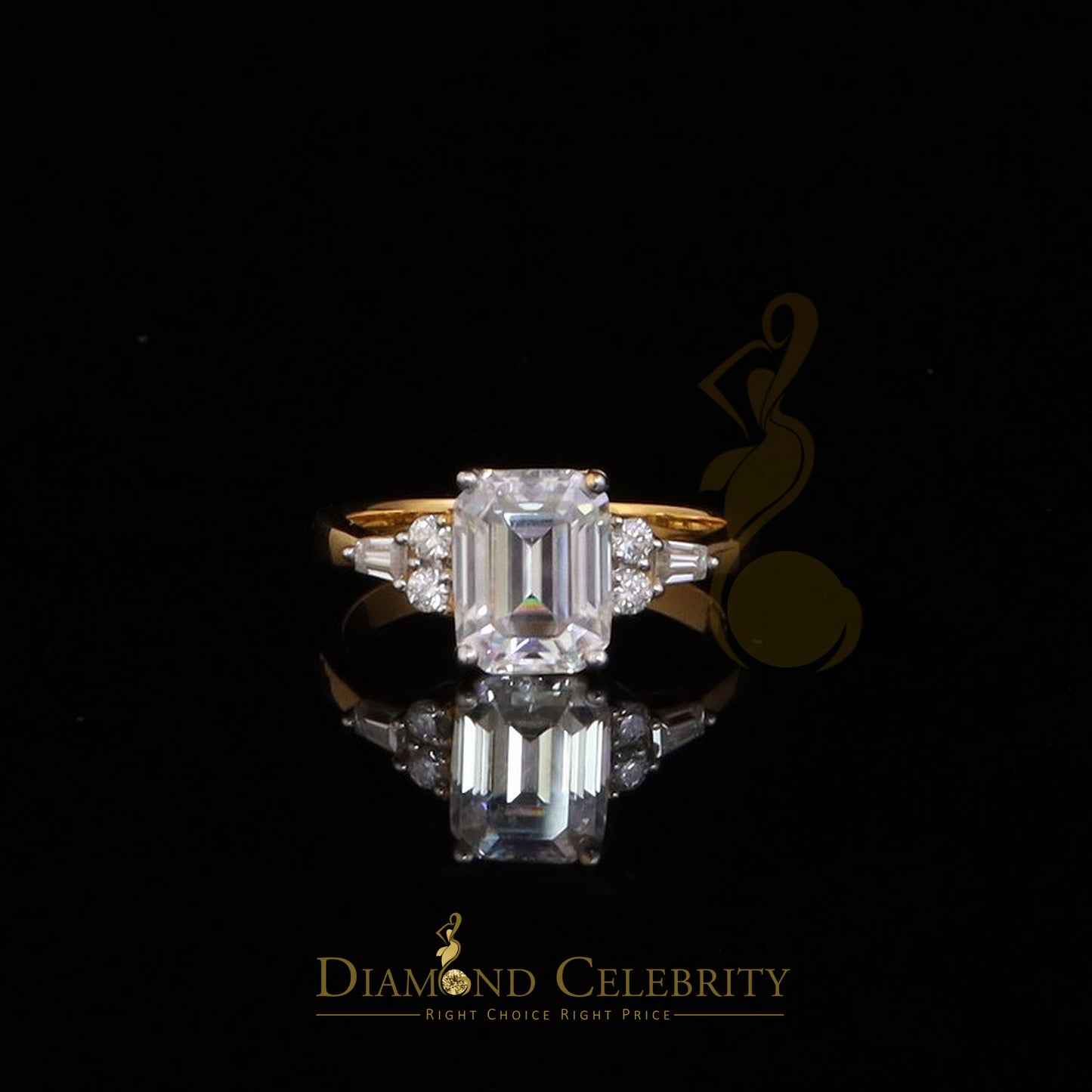 DiamondCelebritees 3.00CT Women's 925 Silver Yellow VVS D Moissanite Emerald-cut Ring SZ 7