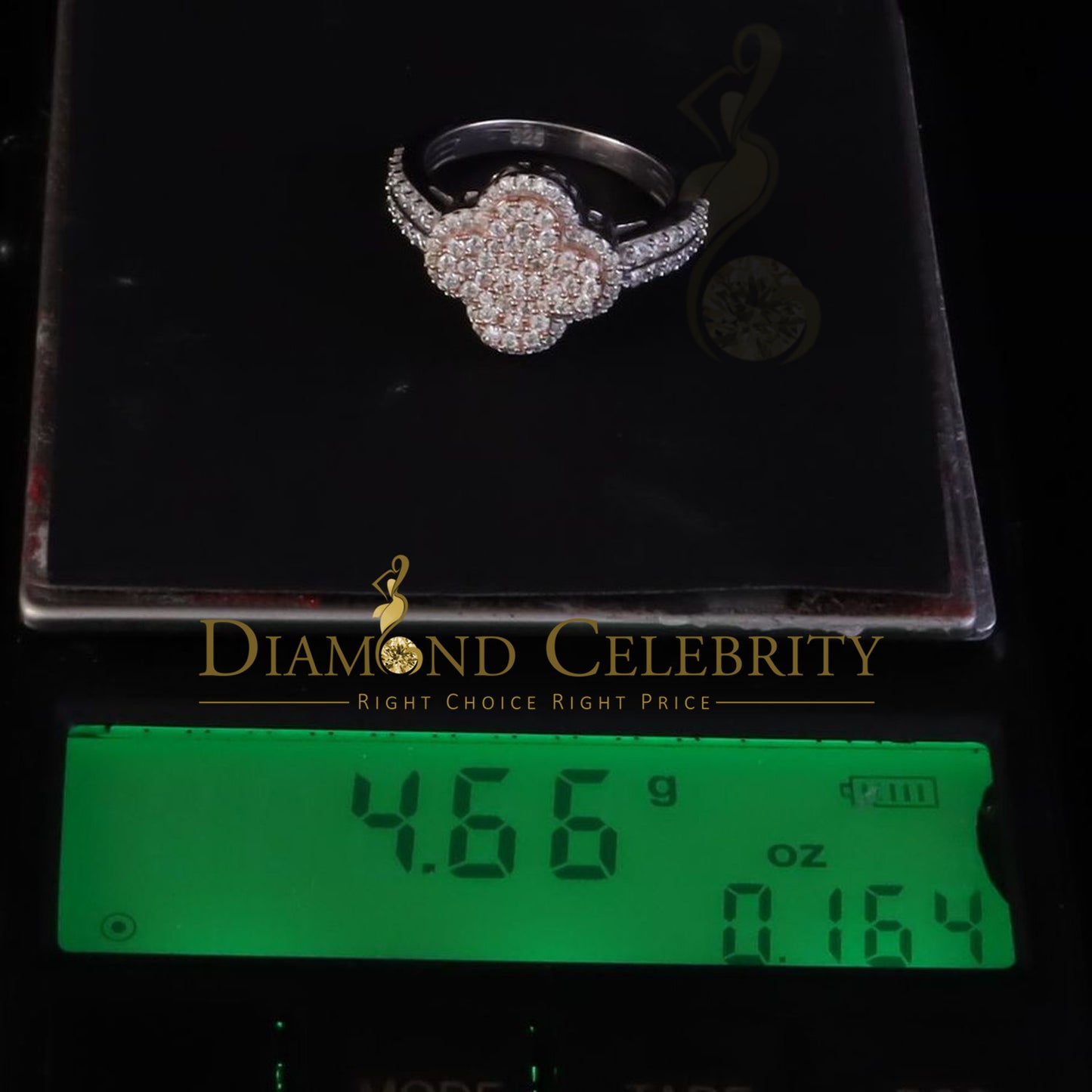 DiamondCelebritees 1.66ct VVS D Clr Clover Silver White Rose For Women's 925 Moissanite Ring Size7
