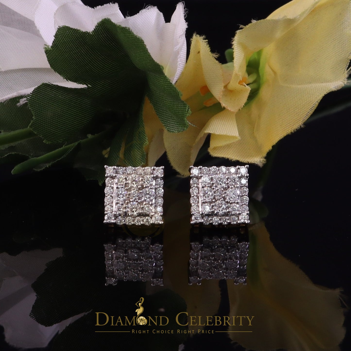 DiamondCelebritees 1.75ct Vvs 'D' Color Genuine Moissanite Stud SQUARE Earring10k Real Yellow Gold