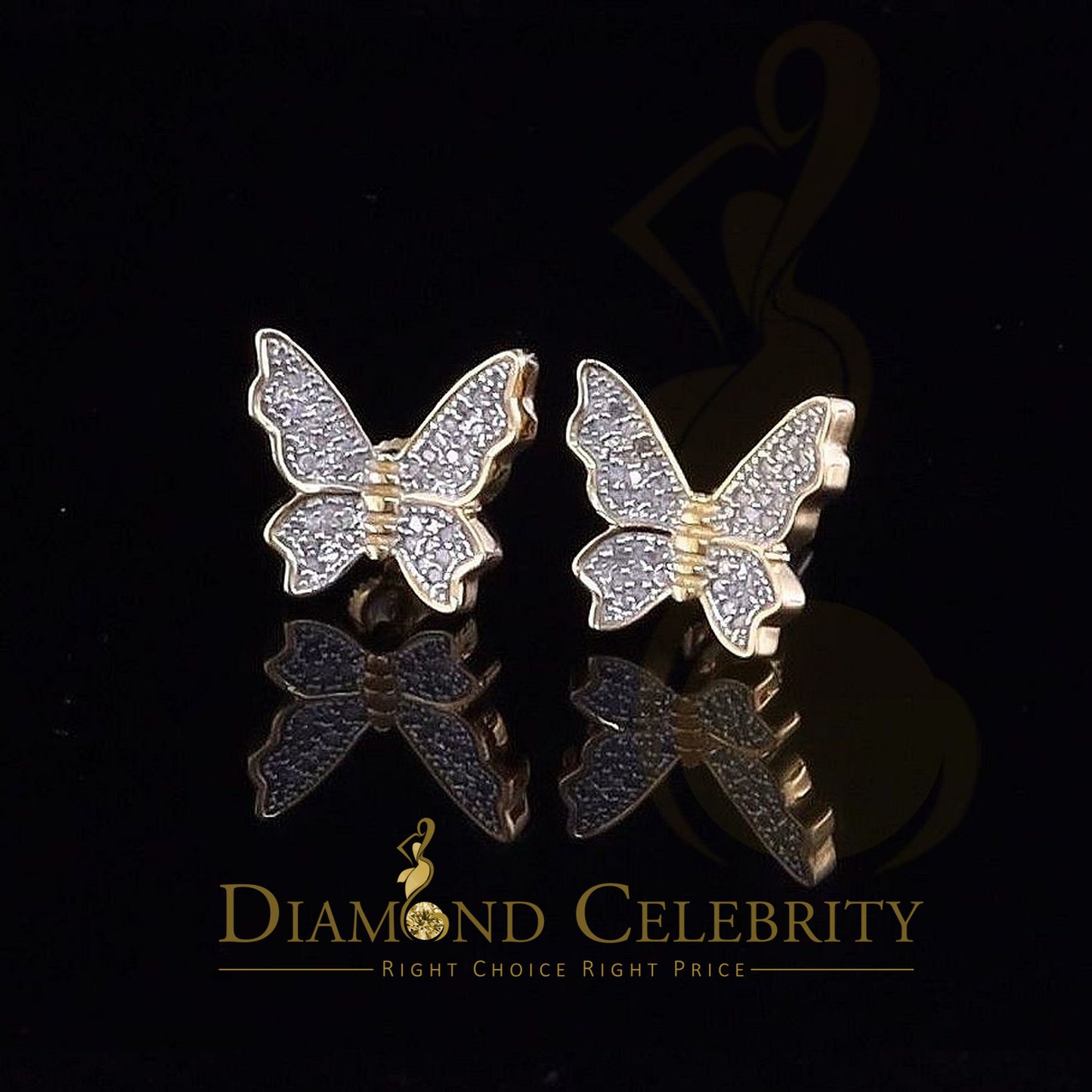 DiamondCelebritees Women's 0.25ct Real Diamond Butterfly Stud Earrings Yellow 925 Sterling Silver