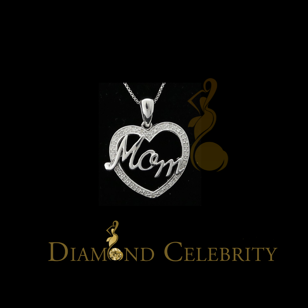 DiamondCelebritees Sterling Silver White Real 0.10CT Diamond HEART MOM'S Charm Necklace Pendant