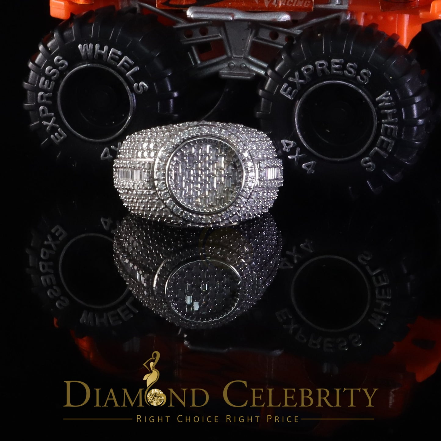 DiamondCelebritees White Sterling 925 Silver 5.50ct Buguette VVS D Moissanite Round Mens Ring SZ 10