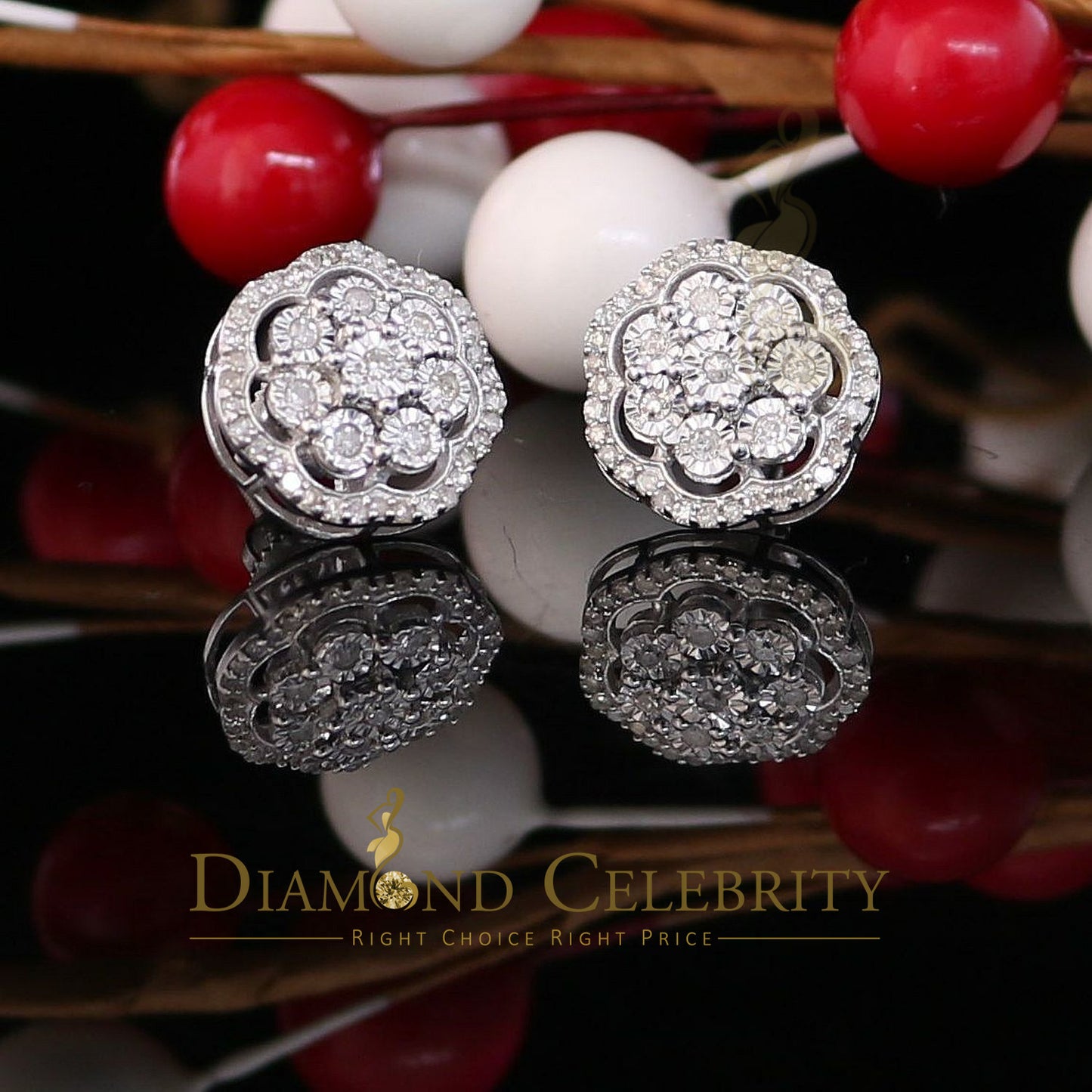 DiamondCelebritees 0.40ct Diamond 925 Sterling Silver White Floral Earrings For Men's / Women's