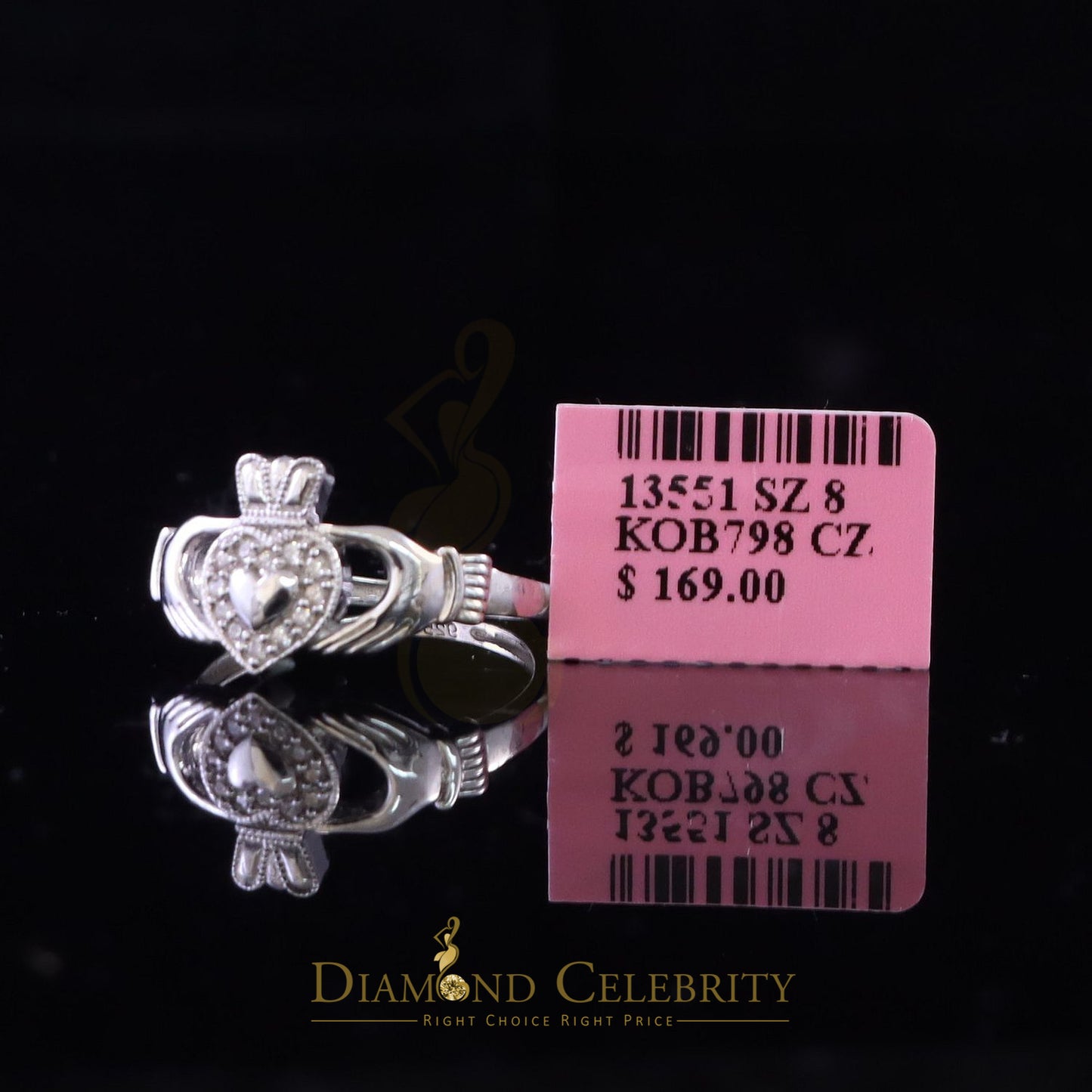 DiamondCelebritees Sterling White Silver 0.16ct Cubic Zirconia Promise Heart Crown Womens Ring SZ 7