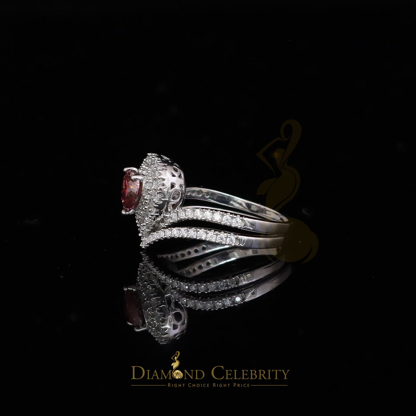 DiamondCelebritees 1.66 CT Women's 925 Silver VVS D Pink & White Moissanite Heart Double Ring SZ 7