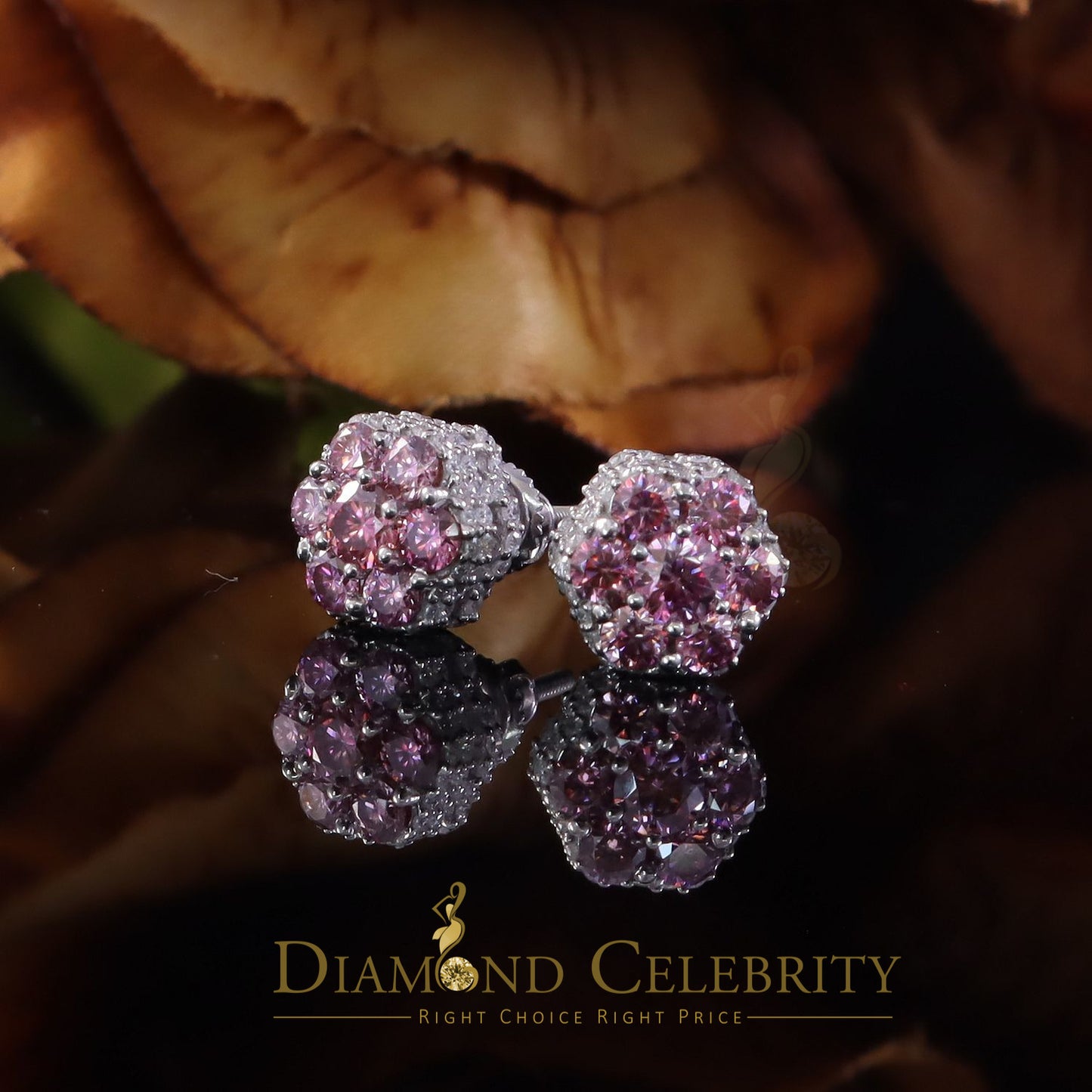Diamondcelebritees 1.66CT VVS 'D' Pink Moissanite Men's/Women 925 White Silver Floral Stud Earrings