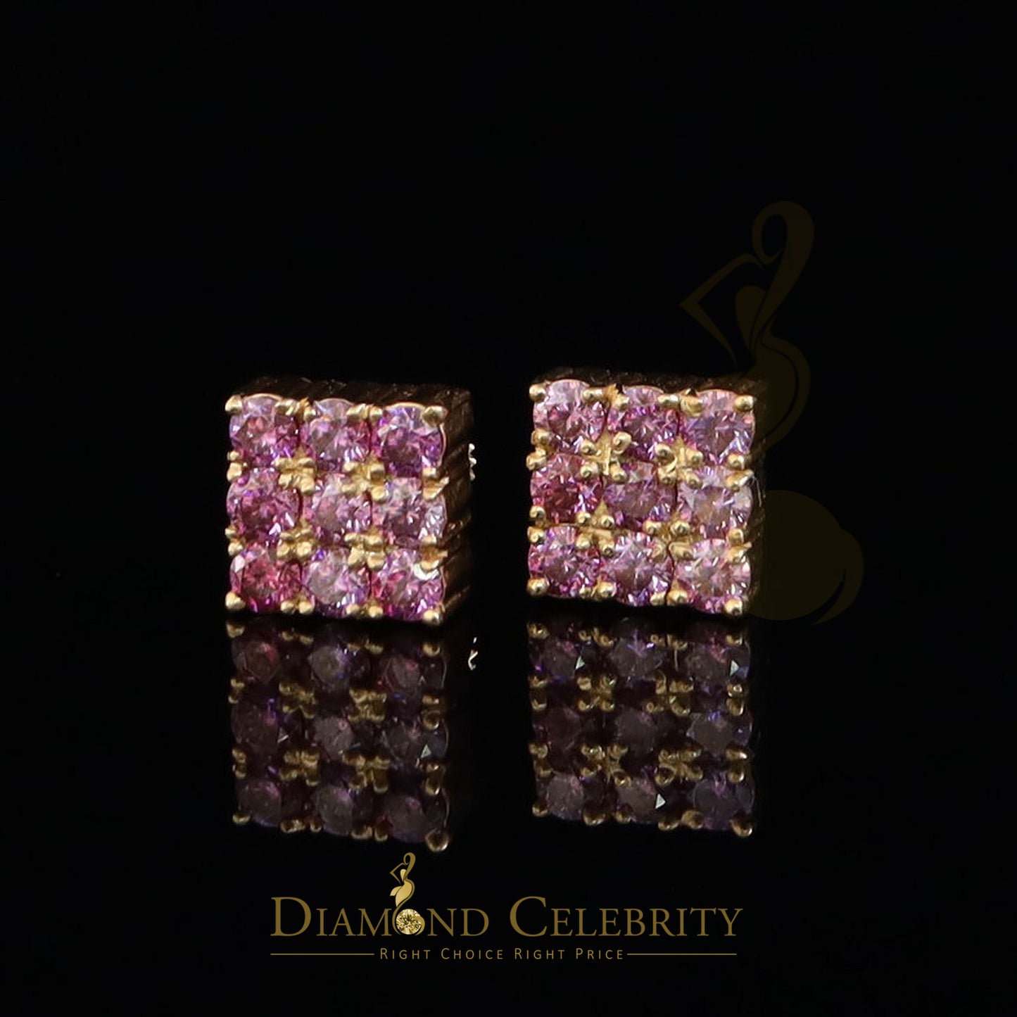 DiamondCelebritees 925 Silver Yellow 2.25ct VVS D Pink Moissanite Men/Women's Square Stud Earrings