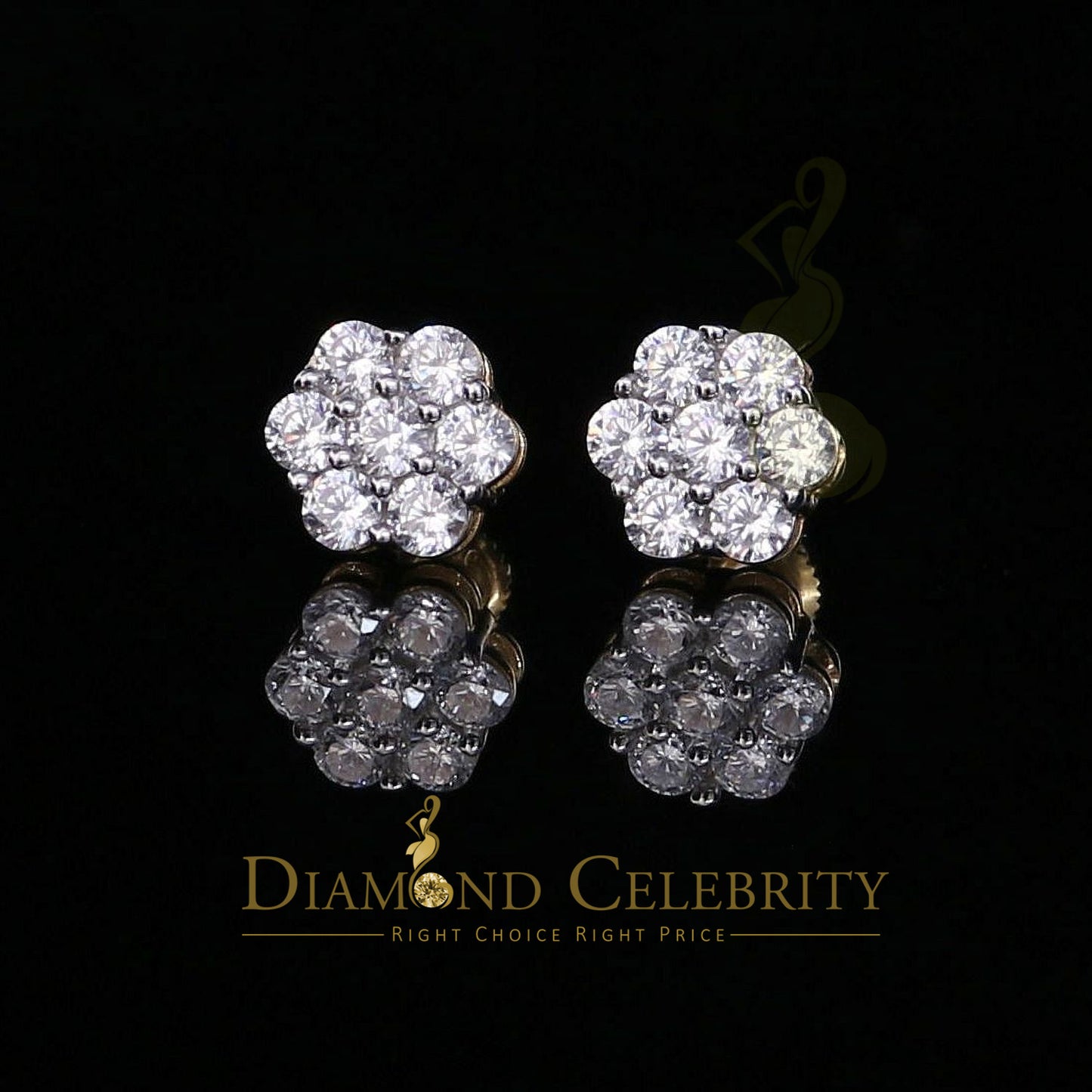 DiamondCelebritees 2.66ct Cubic Zirconia 925 Yellow Silver Women's & Men's Hip Hop Floral Earrings