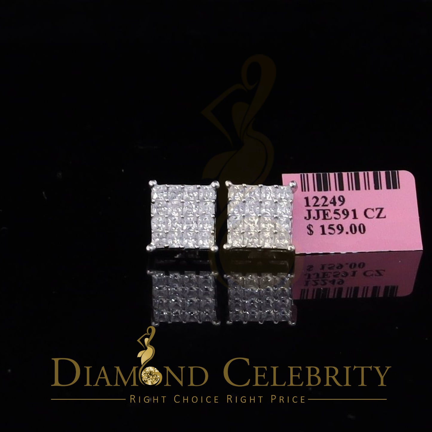 DiamondCelebritees 925 White Silver 2.88ct Cubic Zirconia Women's & Men's Hip Hop Square Earrings
