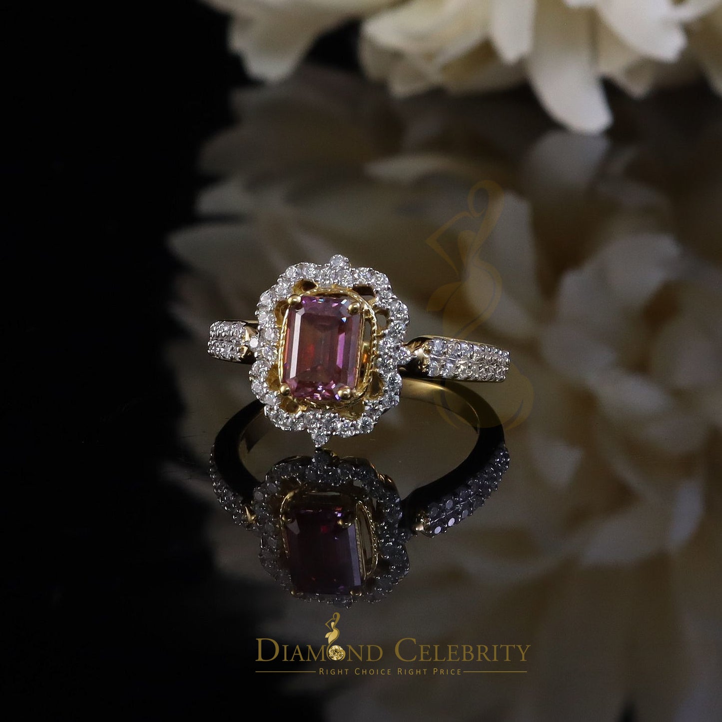 DiamondCelebritees 2.00CT Women's 925 Silver Yellow VVS D Pink & White Moissanite Emerald Ring SZ 7