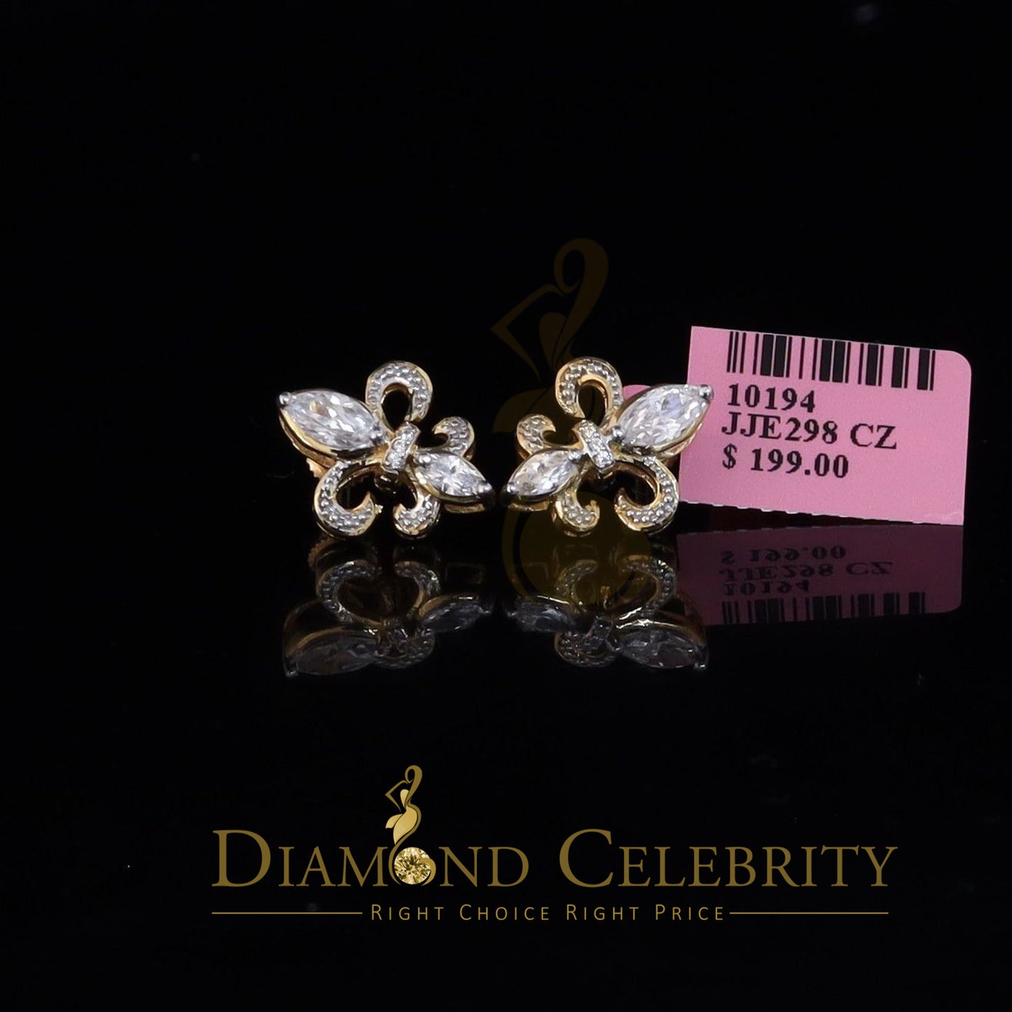 DiamondCelebritees 925 Yellow Silver Ladies Fleur de Lis Screw Back 2.43ct Cubic Zirconia Earrings