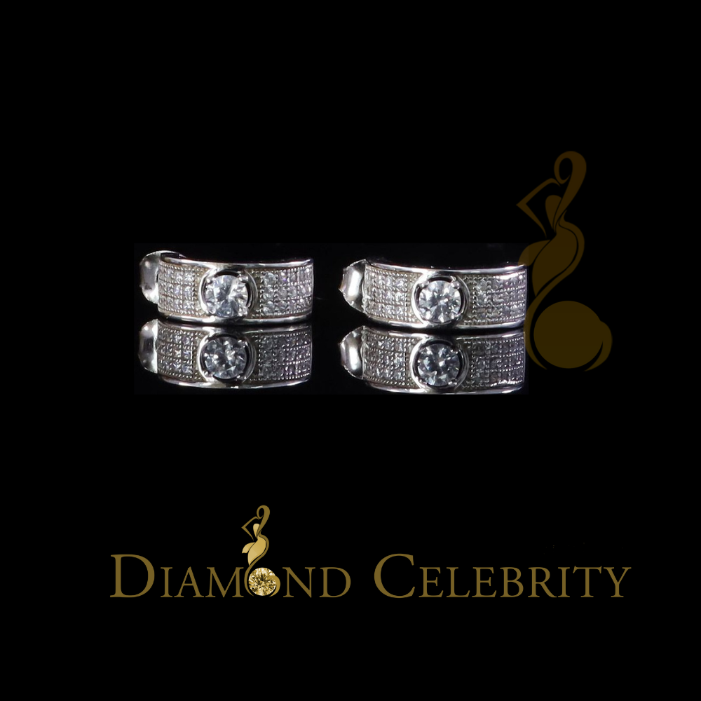 DiamondCelebritees Hip hop Mens white Gold 925 Sterling Silver Iced 2 row Huggie Hoop earrings