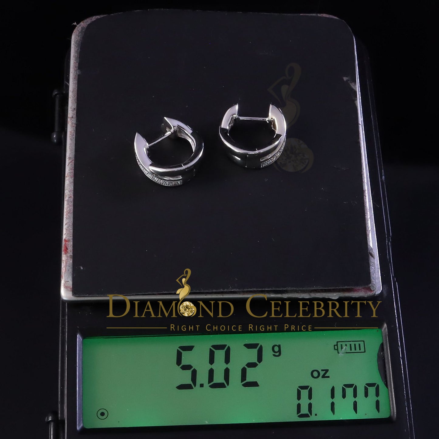 DiamondCelebritees Mens hip hop white Gold 925 Sterling Silver Iced 1 row Huggie Hoop earrings