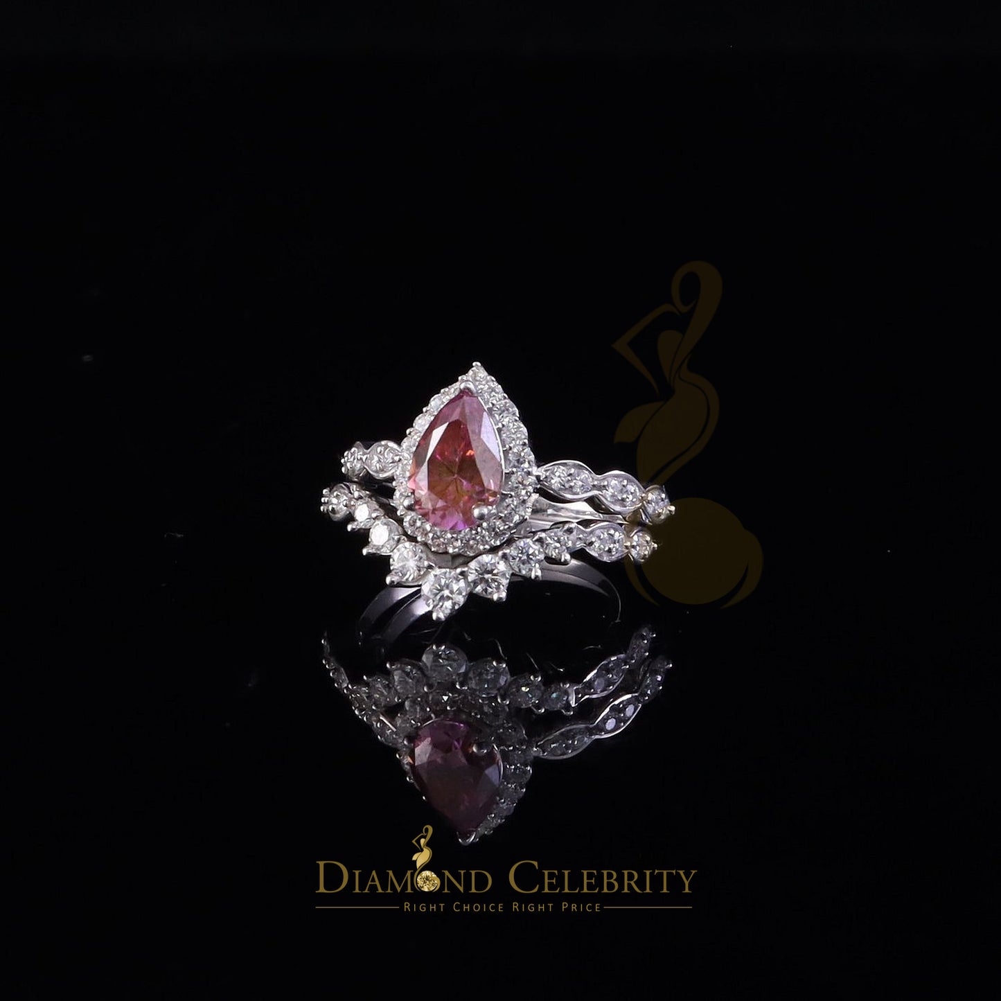 DiamondCelebritees 2.50CTWomen's 925 ilver VVS D Pink&White Moissanite Pear Shaped Double Ring SZ 7