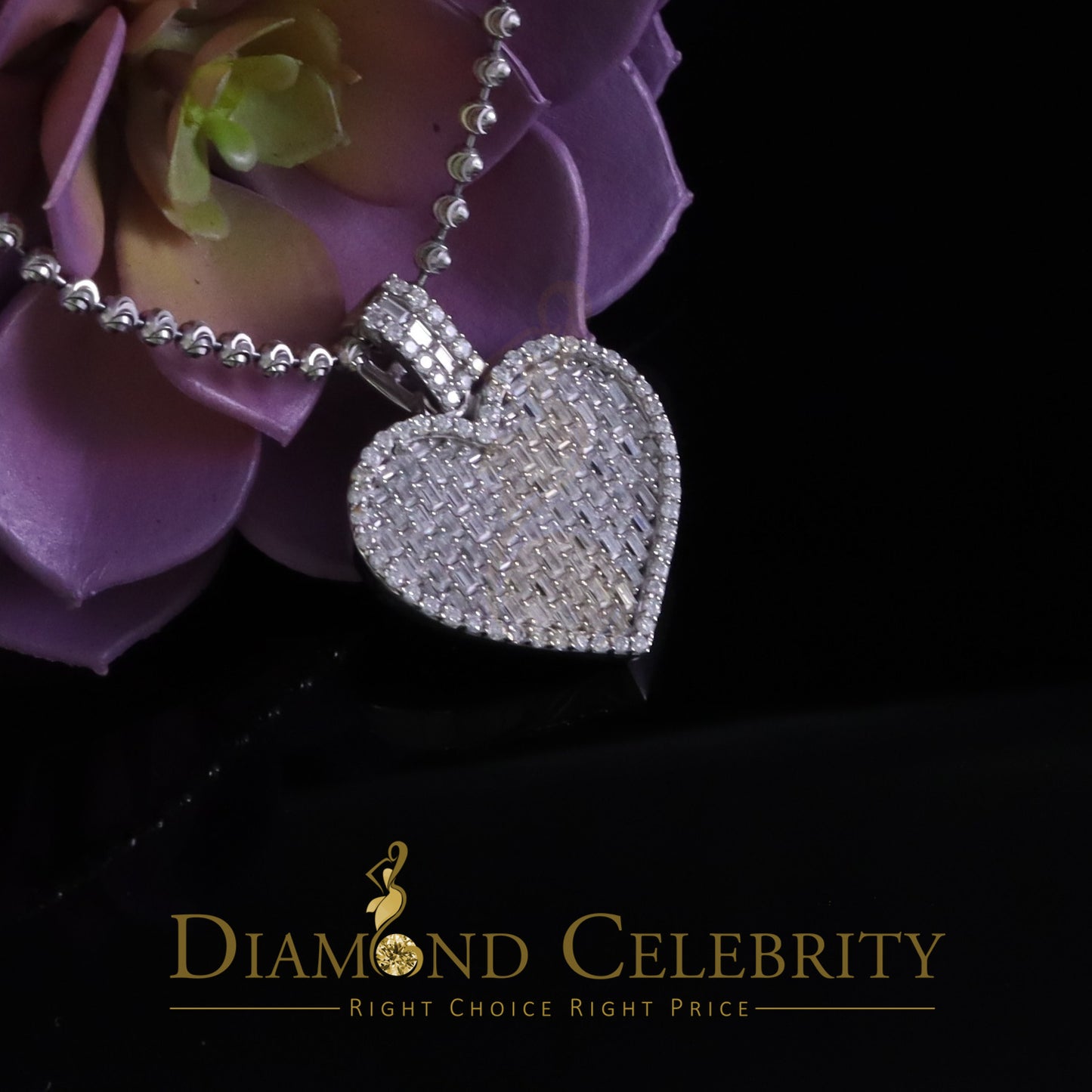 Diamondcelebritees 925 White Silver 6.50ct VVS D Clr. Moissanite Bagutte Heart Pendant Women's