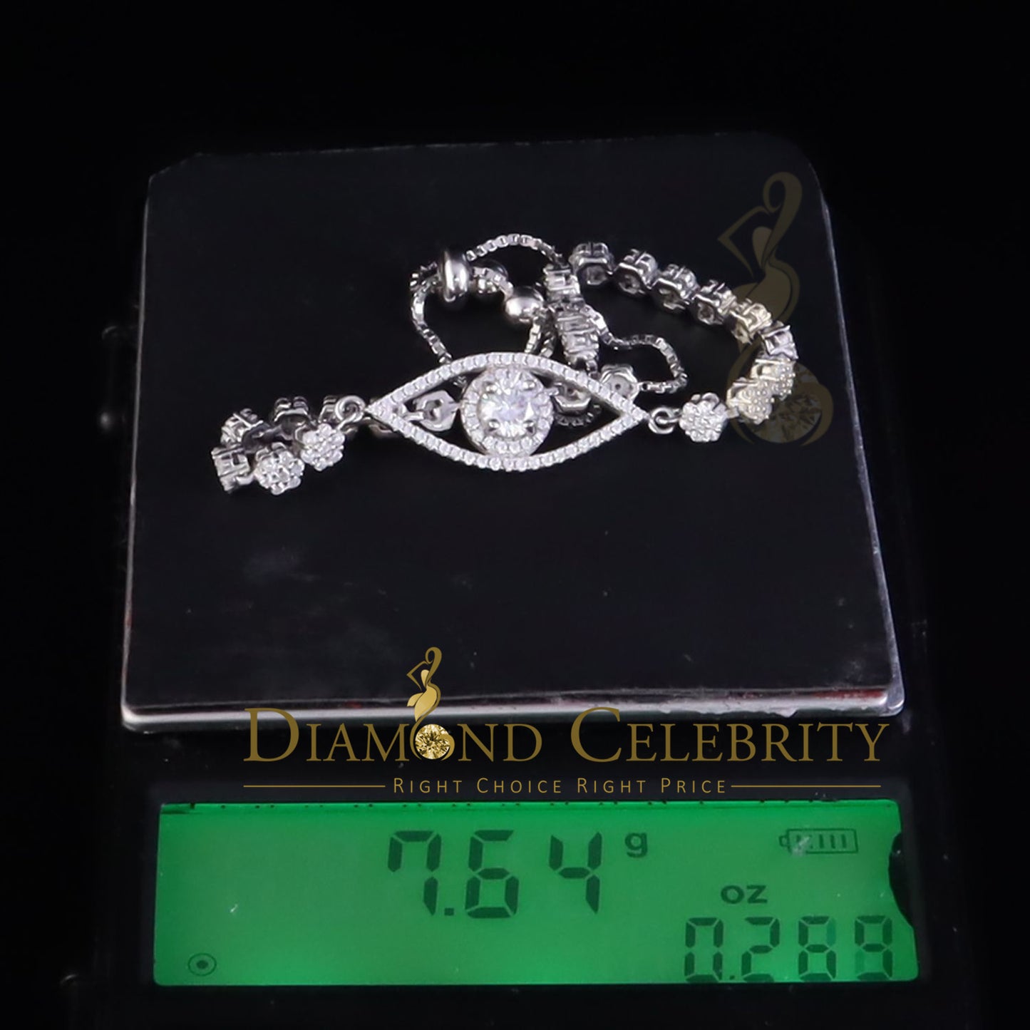 Diamondcelebritees White 925 Silver Eye Shape Bracelet Cubic Zirconia Adjustable Size 7 Inches