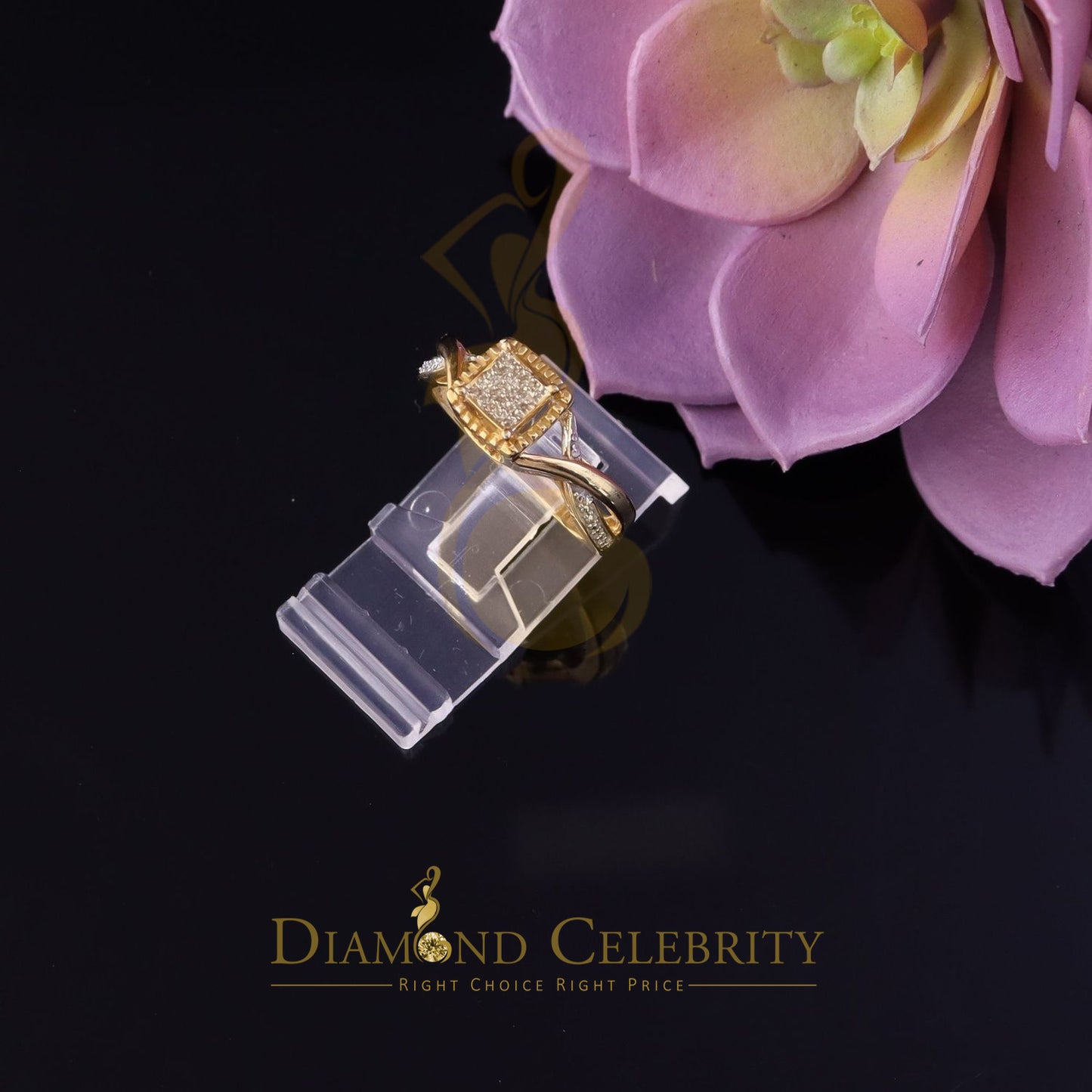 DiamondCelebritees 0.10CT Real Diamond 925 Sterling Yellow Silver Style Square Womens Ring Size 7