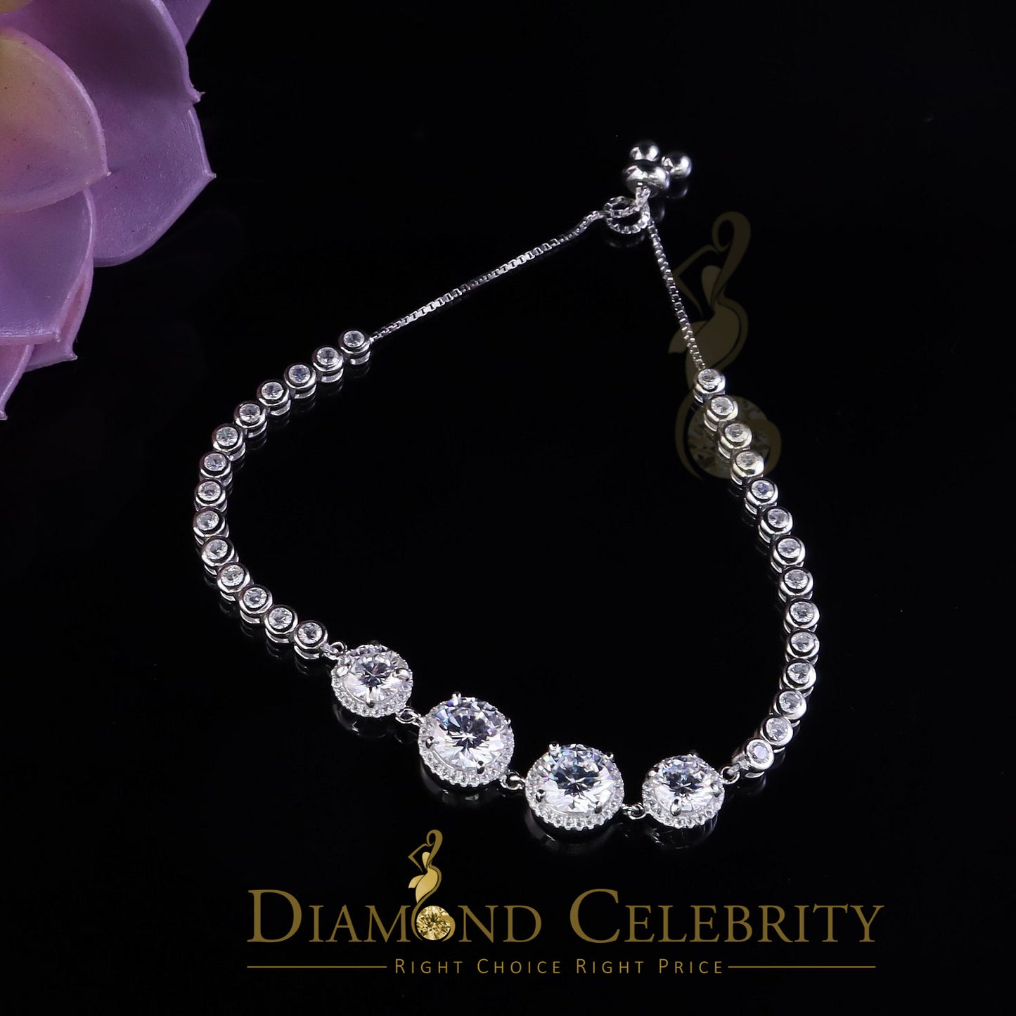 Diamondcelebritees Adjustable Round Solitaire Style White Sterlng Silver Cubic Zirconia Bracelete