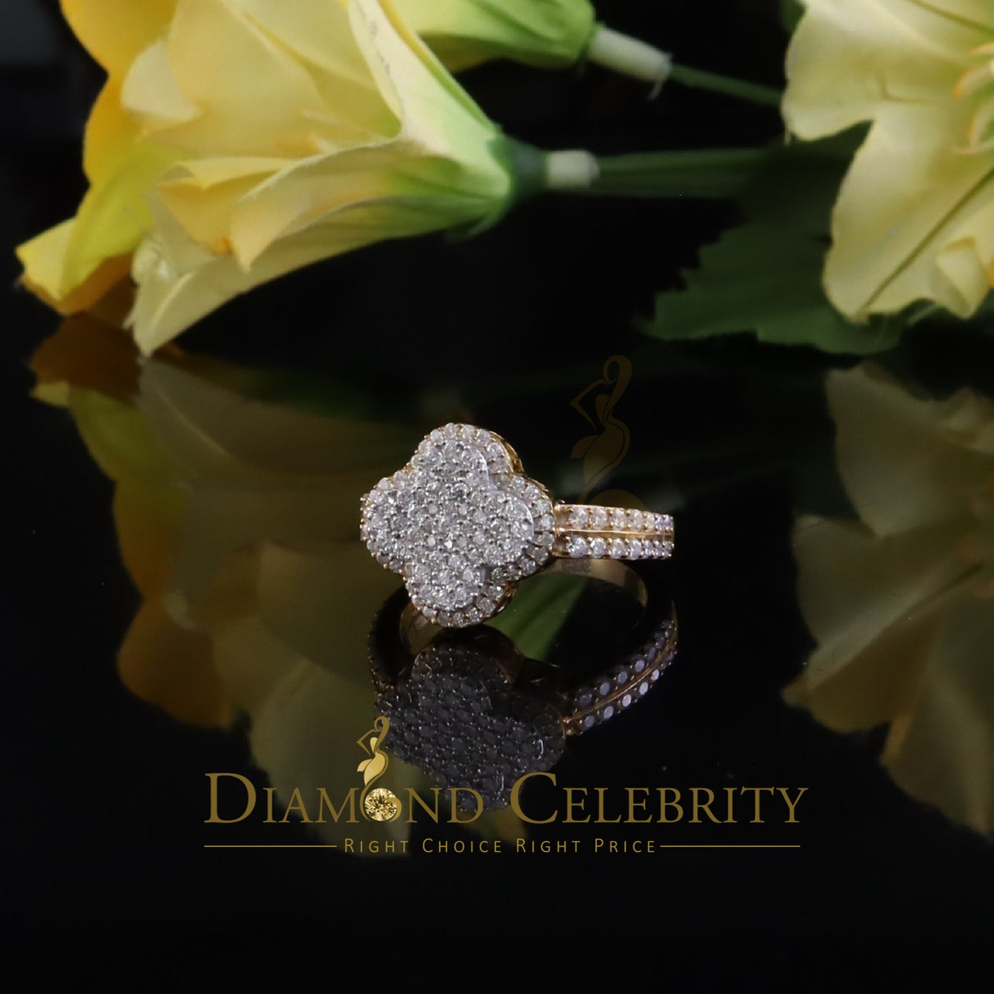 DiamondCelebritees 1.66ct VVS D Four Leaf Clover Silver Moissanite Yellow For Women's Ring Size 7