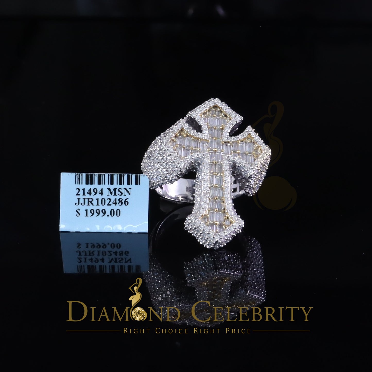DiamondCelebritees White Cross Men's Baguette 925 Sterling Silver 6ct VVS D Moissanite Rings SZ 10