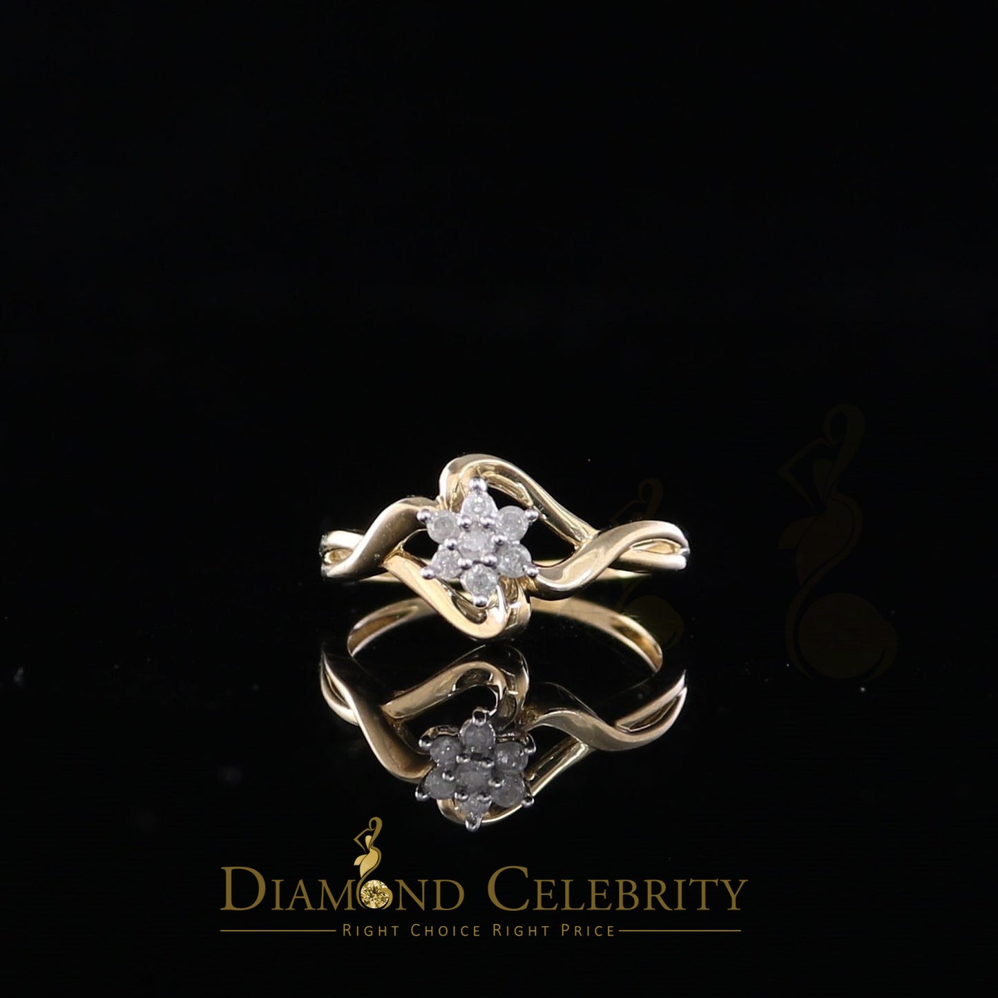 DiamondCelebritees 10 kt Real Yellow Gold with Real 0.15 CT Diamond FLOWER Womens Ring Size 7