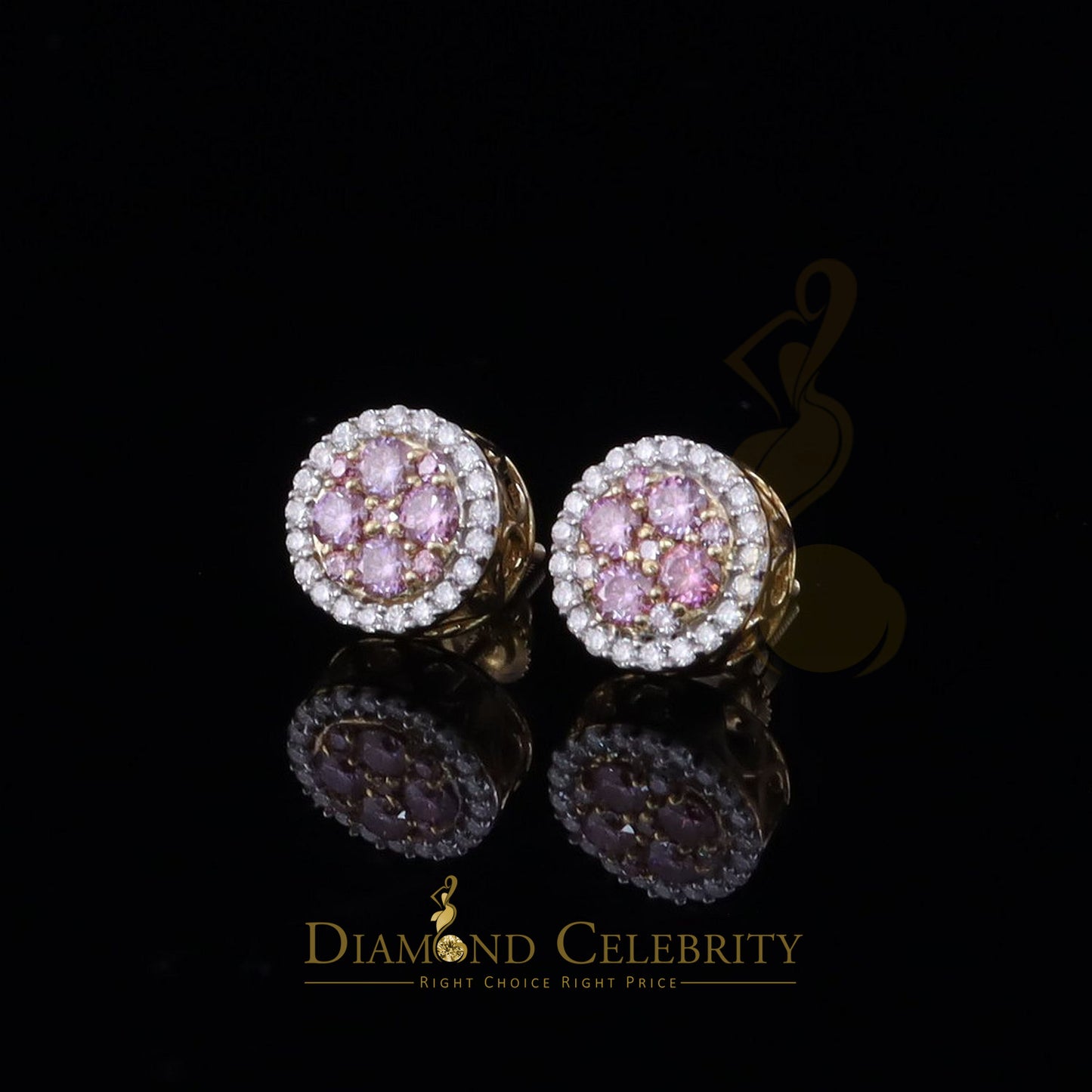 DiamondCelebritees Women's 925 Silver Yellow 1.00ct VVS 'D' Pink Moissanite Round Stud Earrings