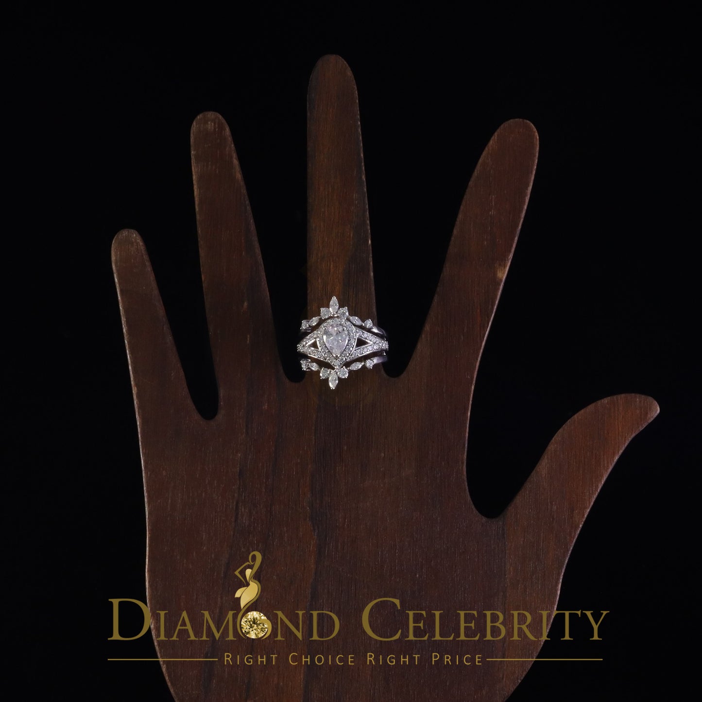 DiamondCelebritees Pear Shape Moissanite Women's 925 Silver White 1.66ct VVS 'D' Ring Guard Size 7