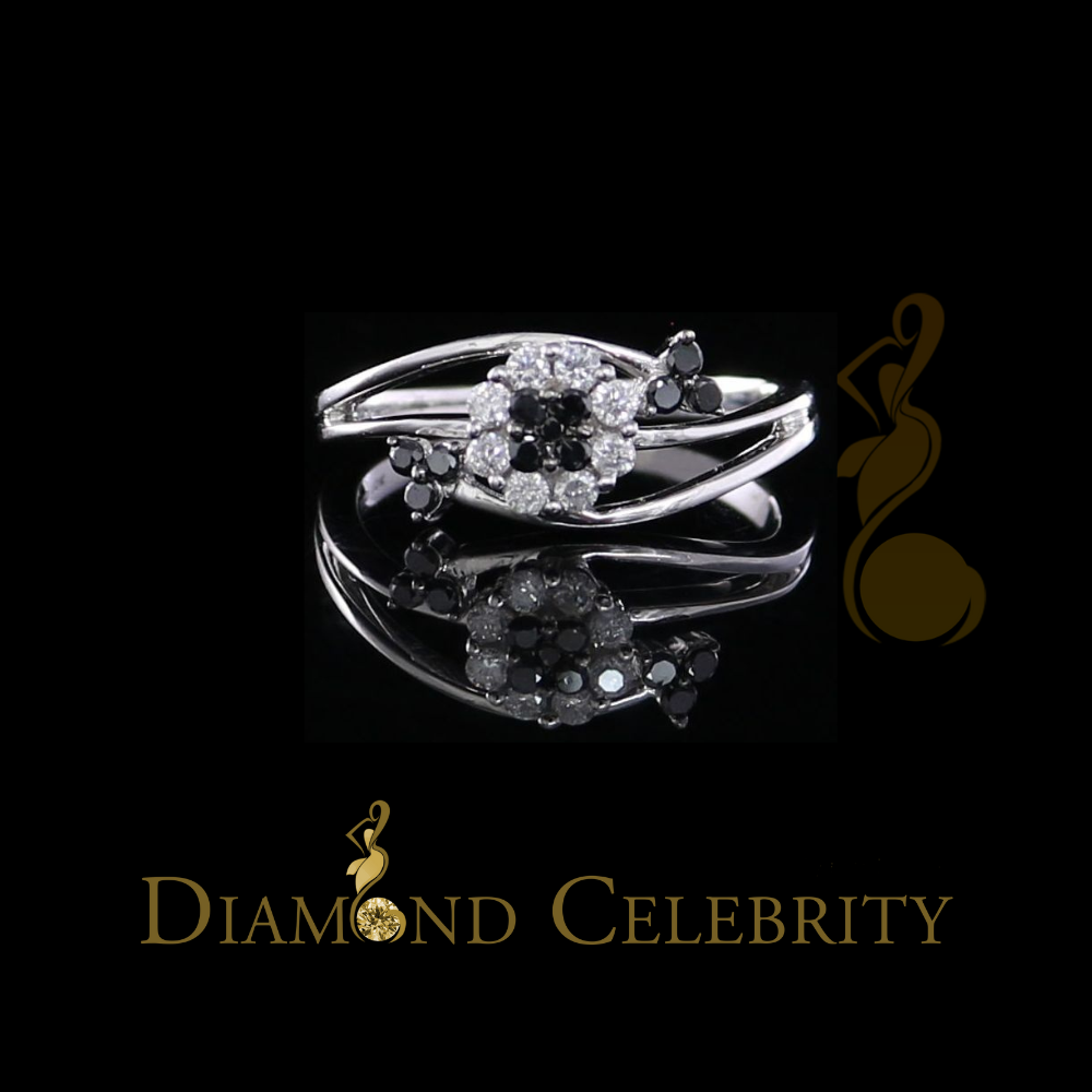 DiamondCelebritees Real 10kt White Gold Real 0.33CT Diamond Floral Shape Black Stone Ring size 7
