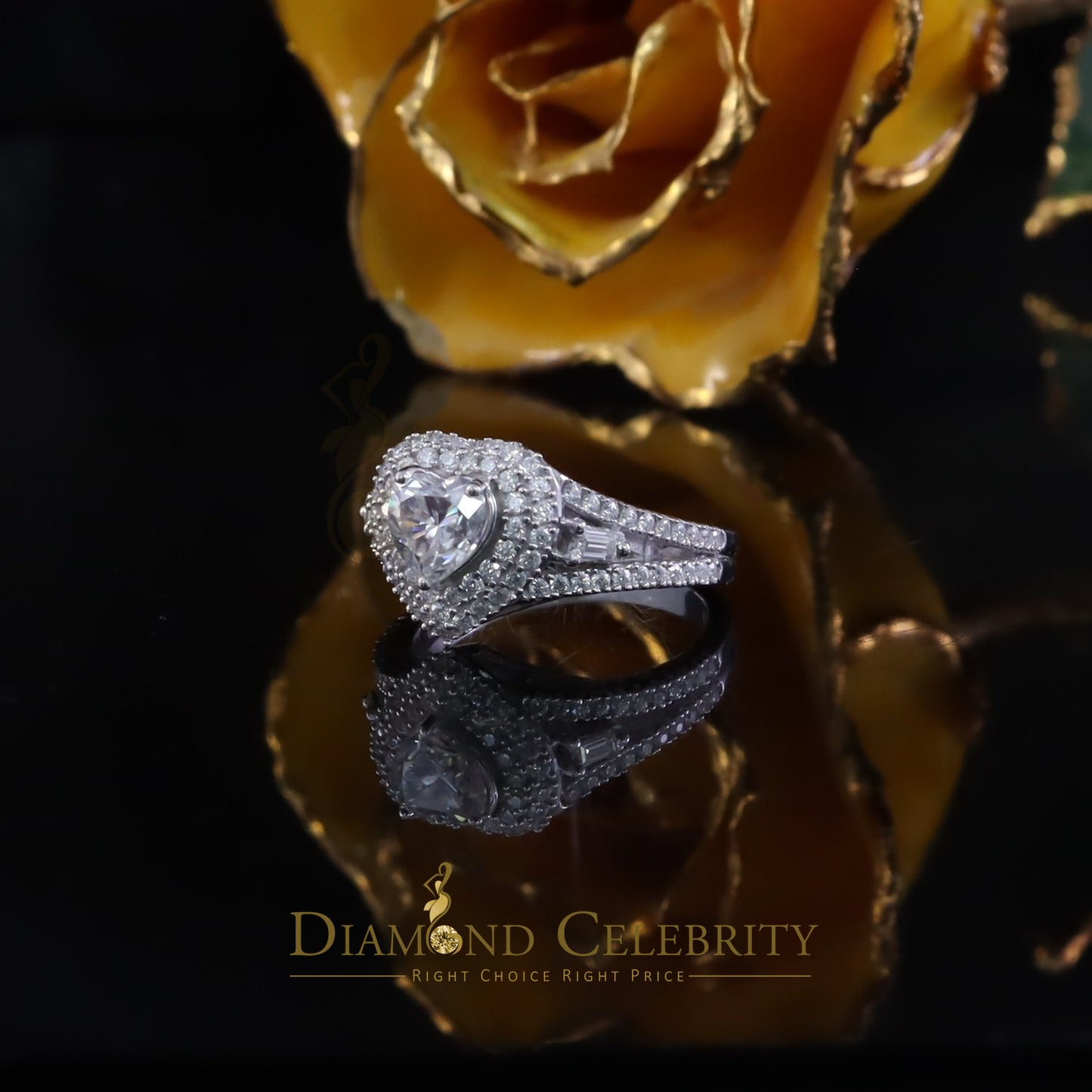DiamondCelebritees White Silver 1.50ct VVS 'D' Round Moissanite Heart Ring Size 7 for Women's
