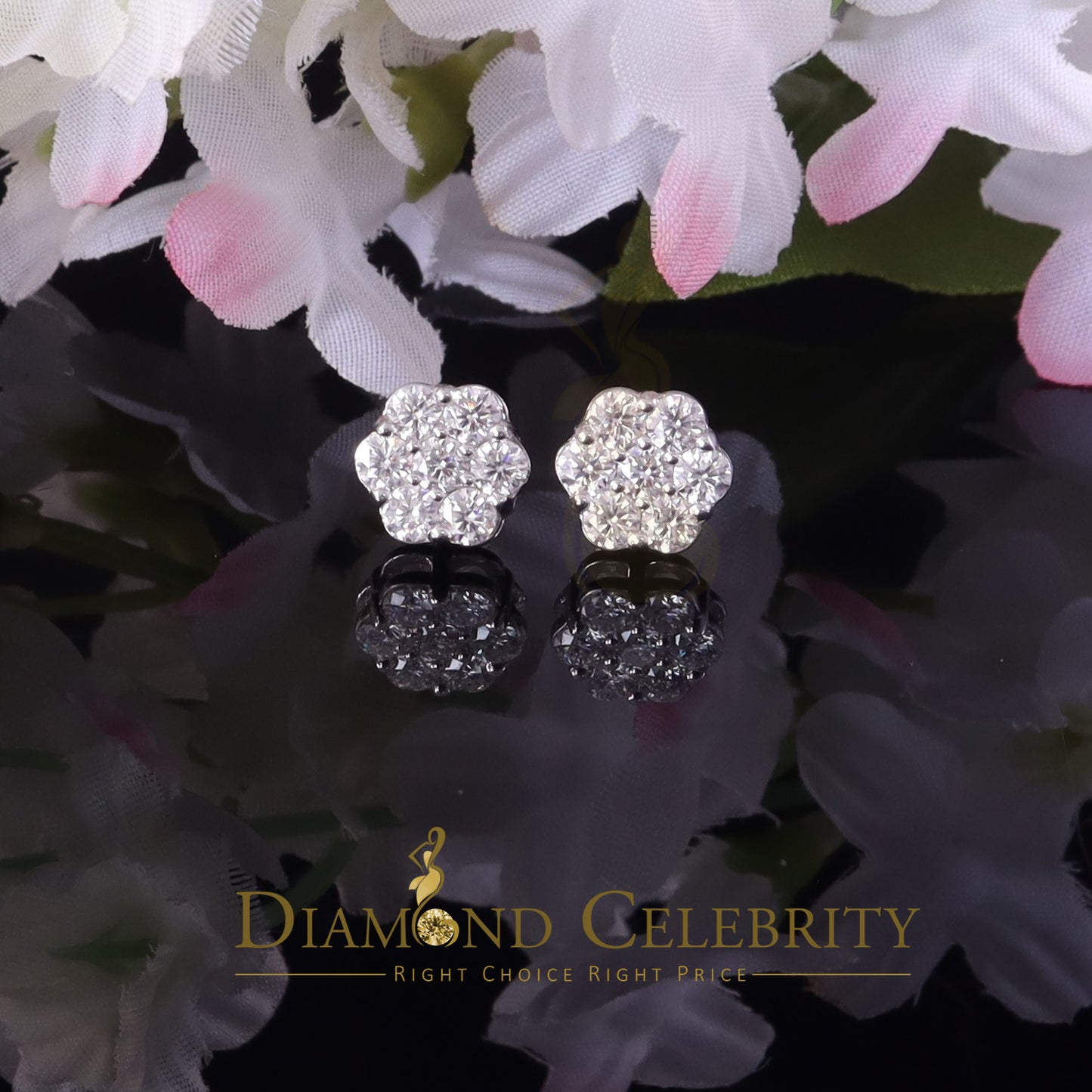 Diamondcelebritees Men's/Womens 925 Silver White 1.66ct VVS 'D' Moissanite Floral Stud Earrings