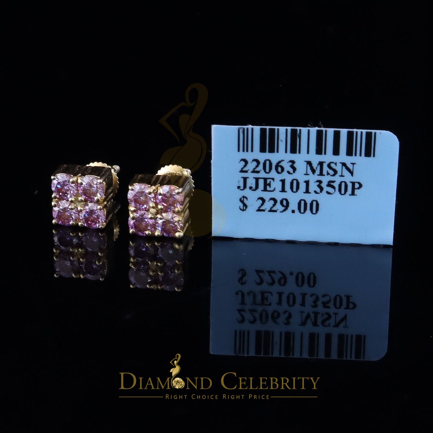 DiamondCelebritees Mens/Women's 925 Silver Yellow 1.00ct VVS D Pink Moissanite Square Stud Earrings