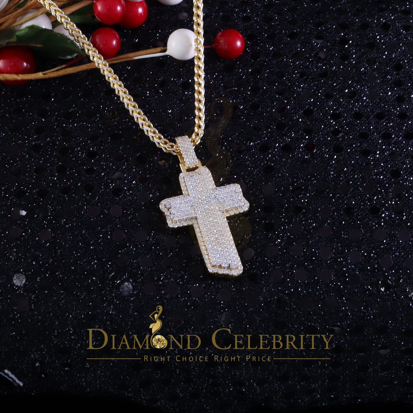 Diamondcelebritees Yellow Sterling Silver 3.0ct VVS D Moissanite Charm Cross Pendant Men's & Women