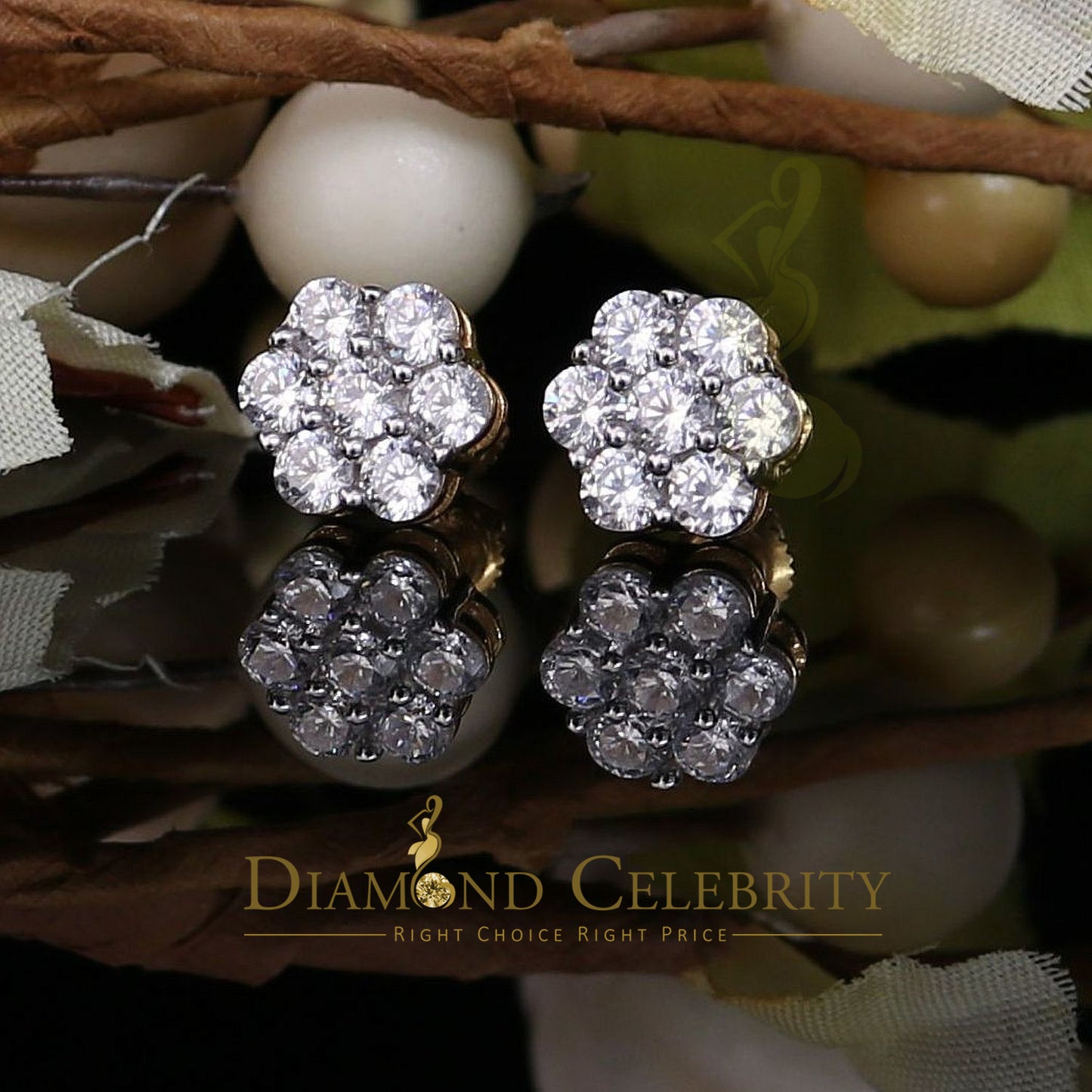 DiamondCelebritees 2.66ct Cubic Zirconia 925 Yellow Silver Women's & Men's Hip Hop Floral Earrings