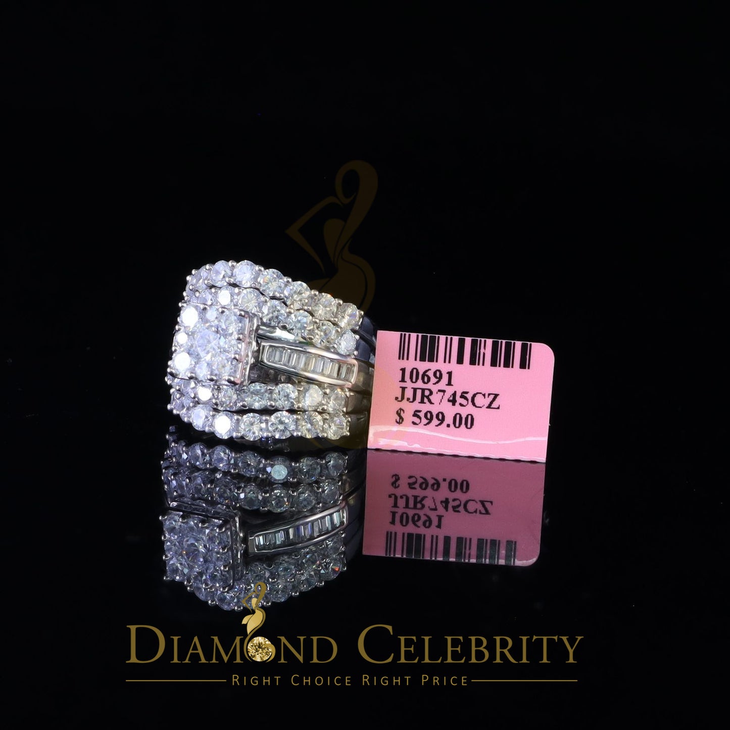 DiamondCelebritees White 925 Silver 7.50ct Cubic Zirconia Piece Halo Wedding Womens Ring set Size 7