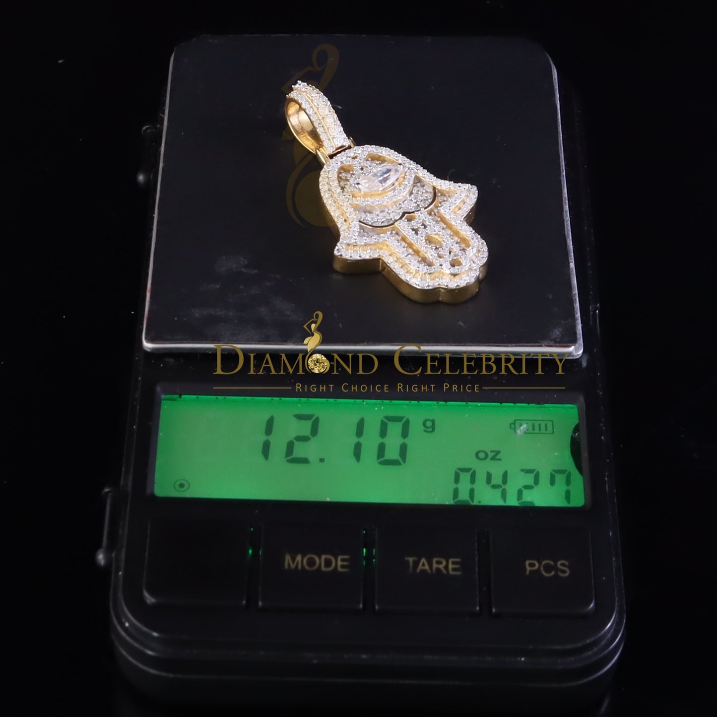 Diamondcelebritees 3.00ct Moissanite VVS D Baguette 925 Silver Yellow Hamsa Pendant For Women's