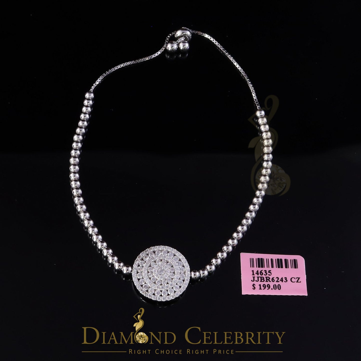 Diamondcelebritees Adjustable Round Tennis Style White Sterlng Silver Cubic Zirconia Bracelete