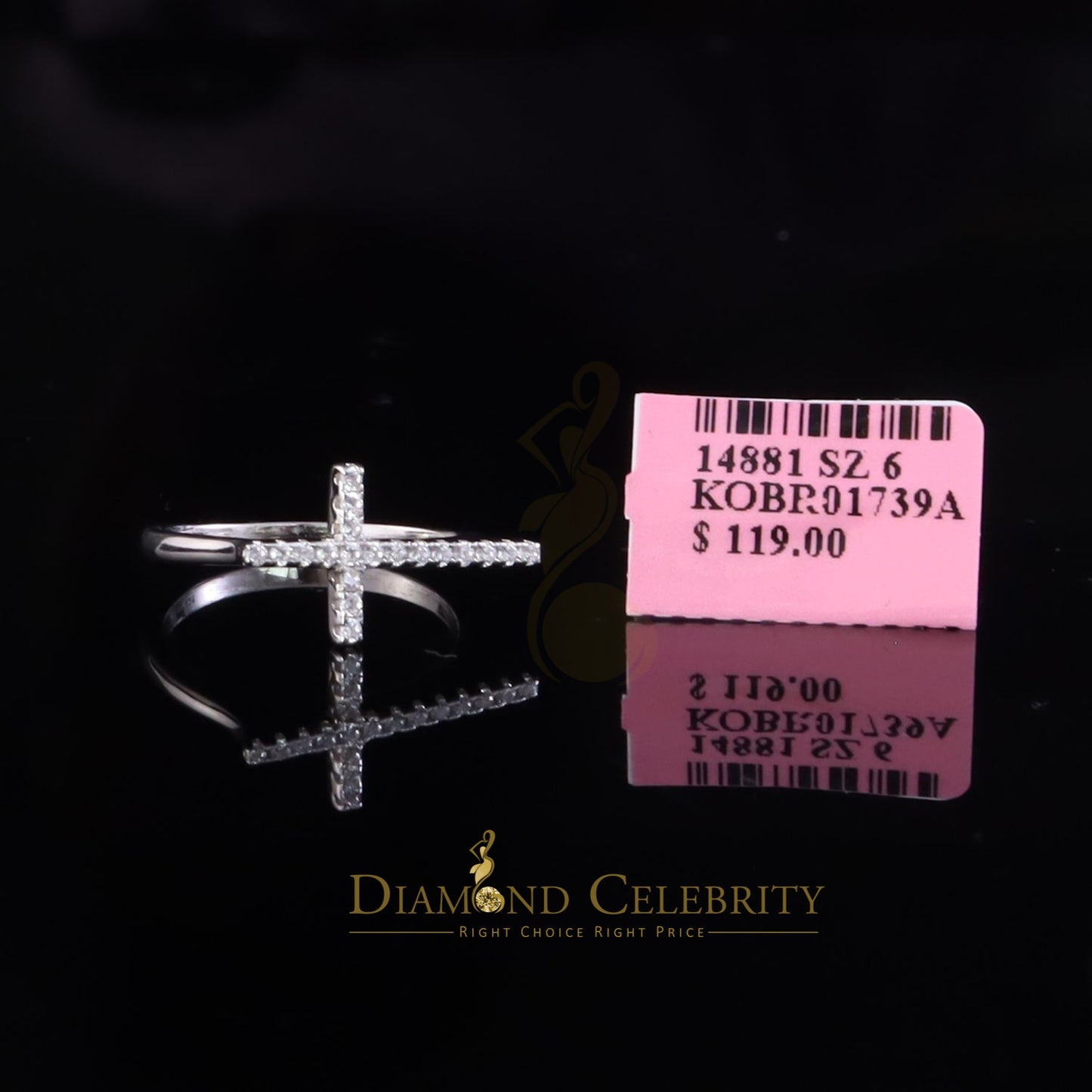 DiamondCelebritees 925 Sterling White Silver 0.19ct Cubic Zirconia Women's Cross Ring Size 6