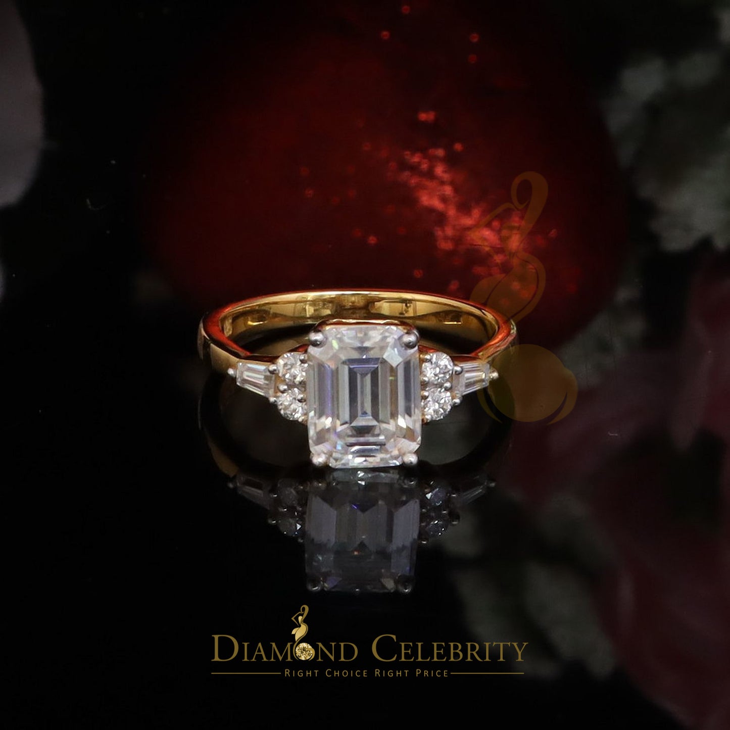 DiamondCelebritees 3.00CT Women's 925 Silver Yellow VVS D Moissanite Emerald-cut Ring SZ 7