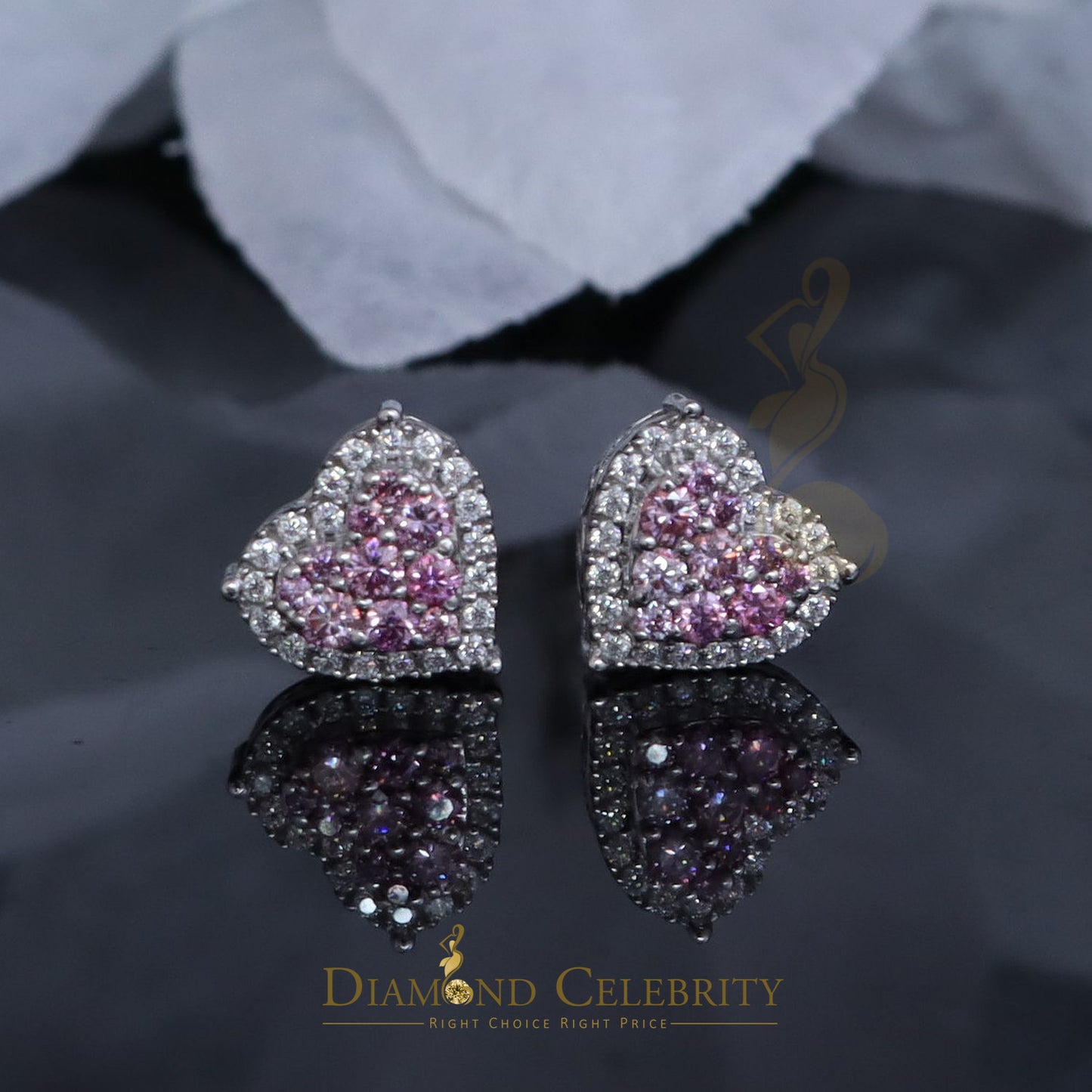 Diamondcelebritees Men's/Women's 925 Silver White 1.00ct VVS 'D' Pink Moissanite 3D Heart Earrings