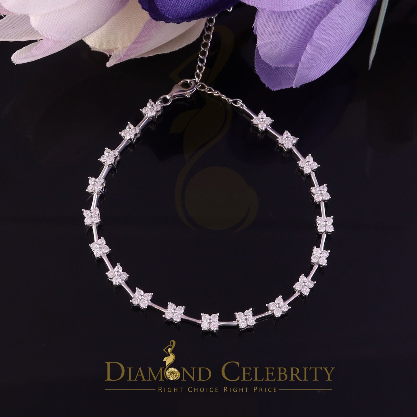 Diamondcelebritees White Sterling Silver 4 Stone Shape Bracelet Cubic Zirconia Adjustable Size 7