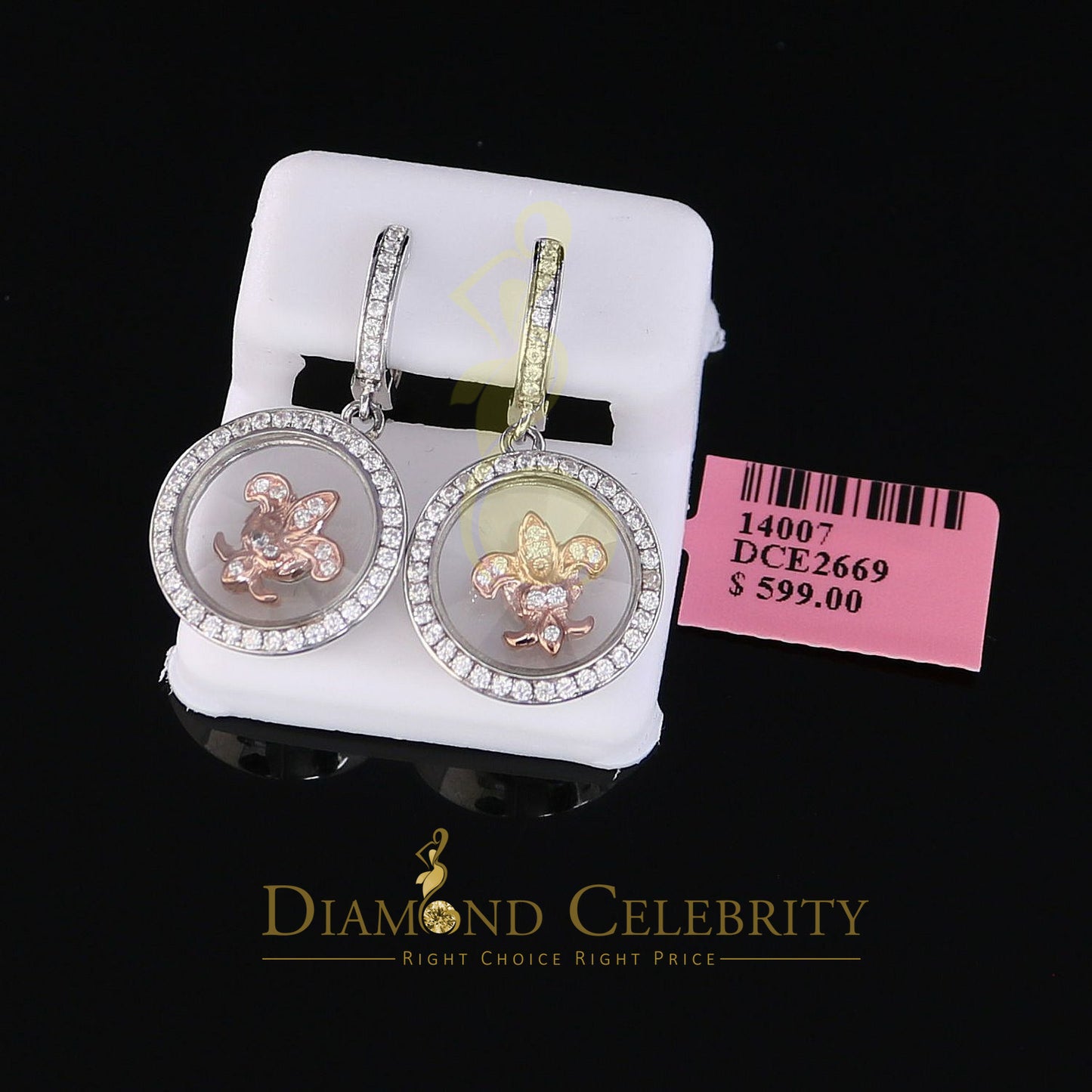 DiamondCelebritees Men's White Hip Hop CZ Round dangling 925 Sterling Silver CZ Earrings