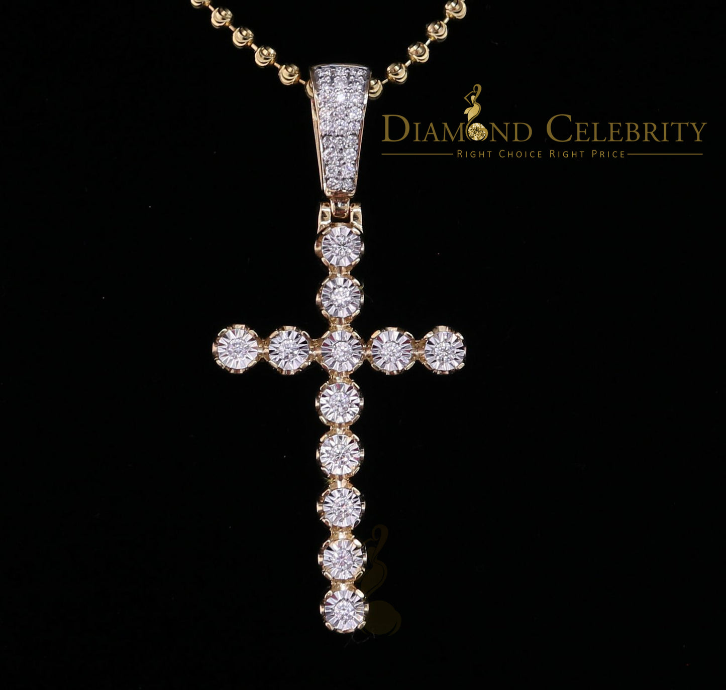 DiamondCelebritees Real 1.25ct Diamond Sterling Silver CROSS Charm Necklace Yellow Pendant