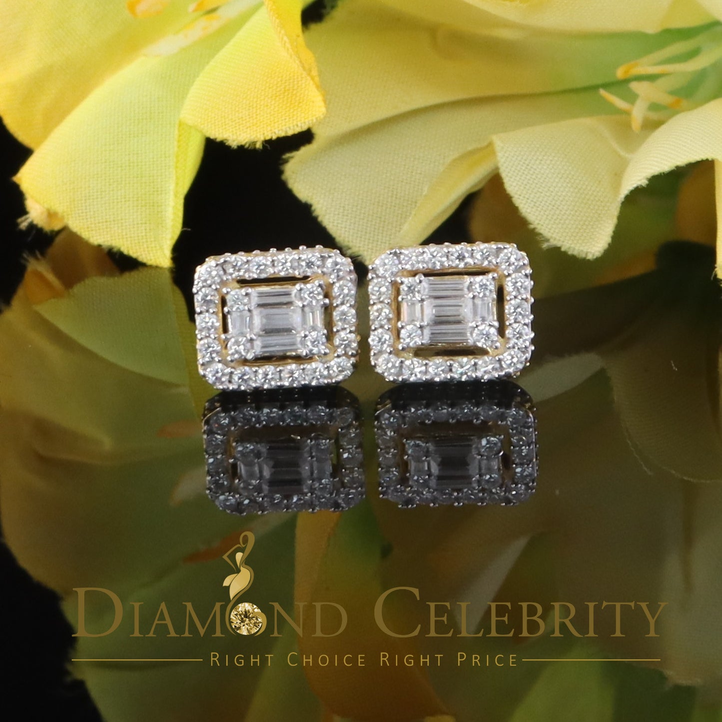 DiamondCelebritees 925 Yellow Silver 1.25ct VVS 'D' Moissanite Square Stud Earring Men's/Womens