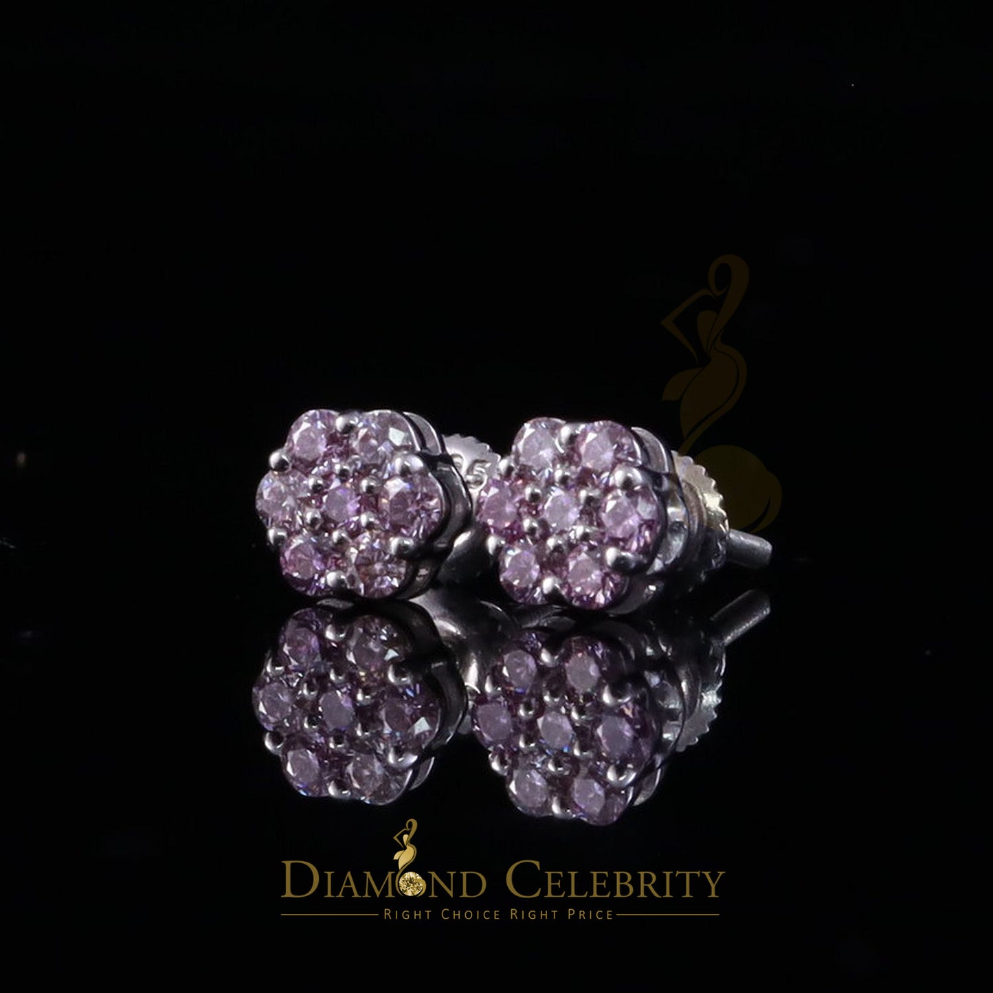 Diamondcelebritees Mens/Womens 925 Silver White 0.50ct VVS 'D' Pink Moissanite Floral Stud Earrings
