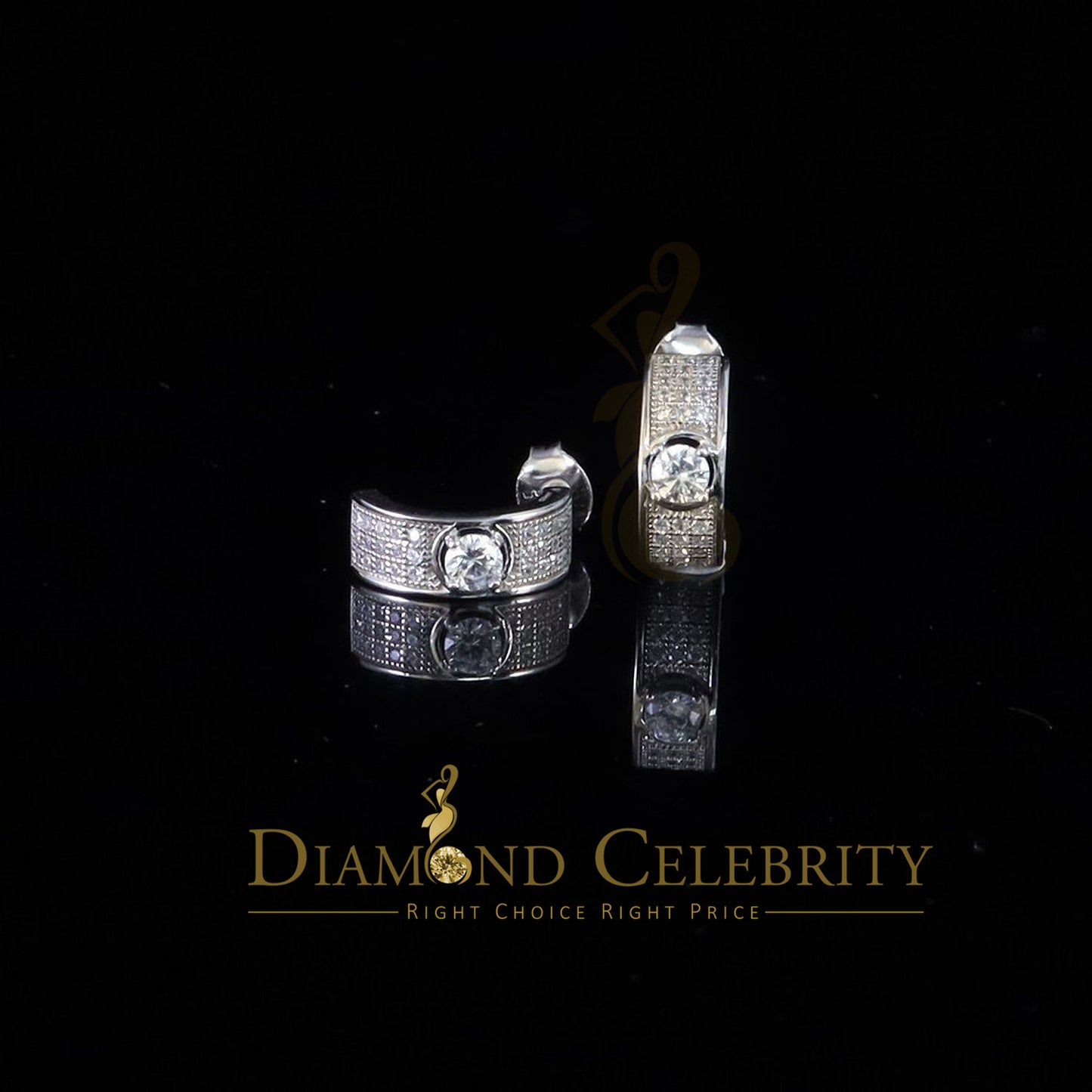 DiamondCelebritees Hip hop Mens white Gold 925 Sterling Silver Iced 2 row Huggie Hoop earrings