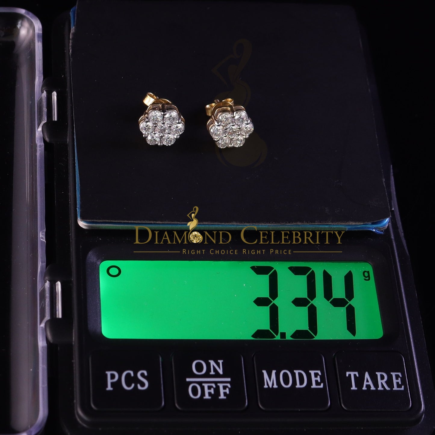DiamondCelebritees Real Moissanite VVS 'D' Color 2.0ct 10k Real Yellow Gold Stud FLORAL Earrings