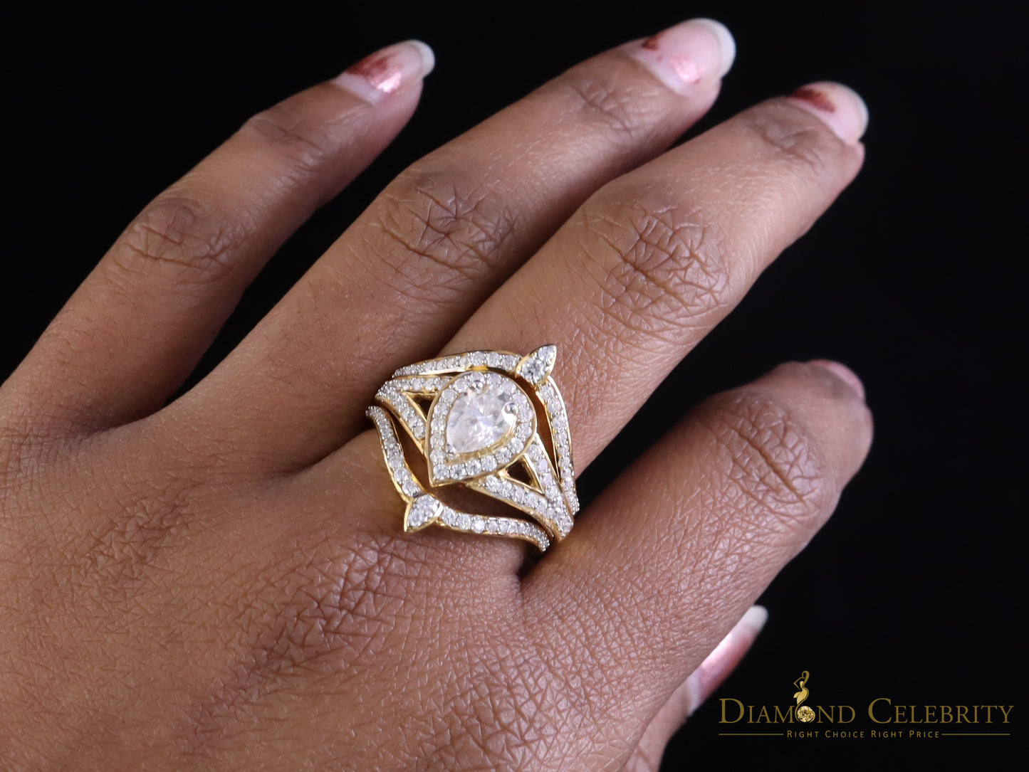 DiamondCelebritees 1.75ct Silver Yellow Enhancer Guard Wrap VVS D Pear Moissanite Women Ring Sz 7