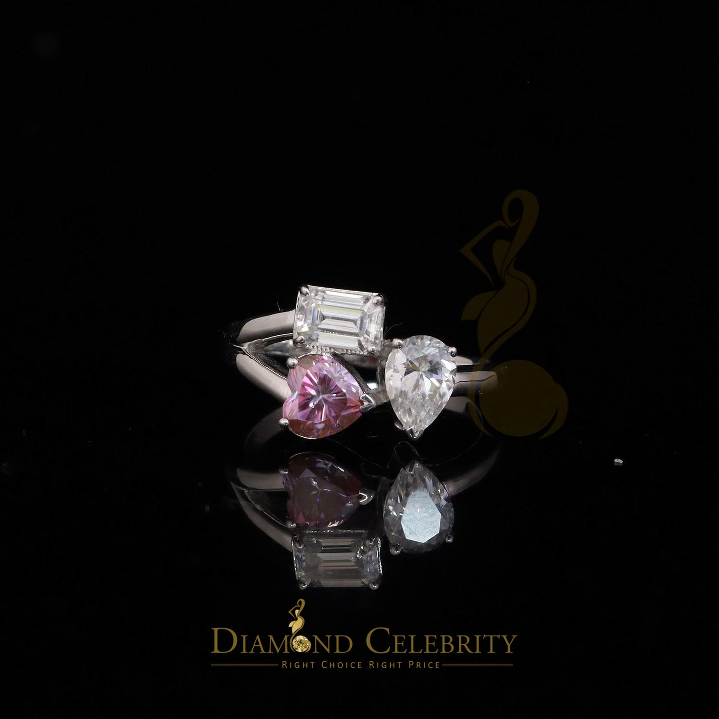 DiamondCelebritees 2.50CT Women's925 Silver VVS D Pink&White Moissanite Toi Moi RingSZ 7