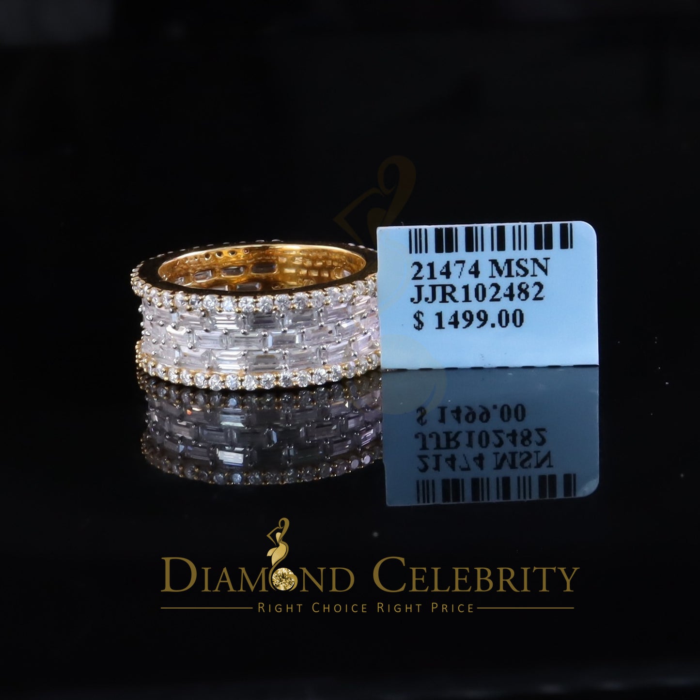 DiamondCelebritees Round Band Rings SZ 8 Baguette Silver 3.50ct VVS 'D' Moissanite Yellow for Women